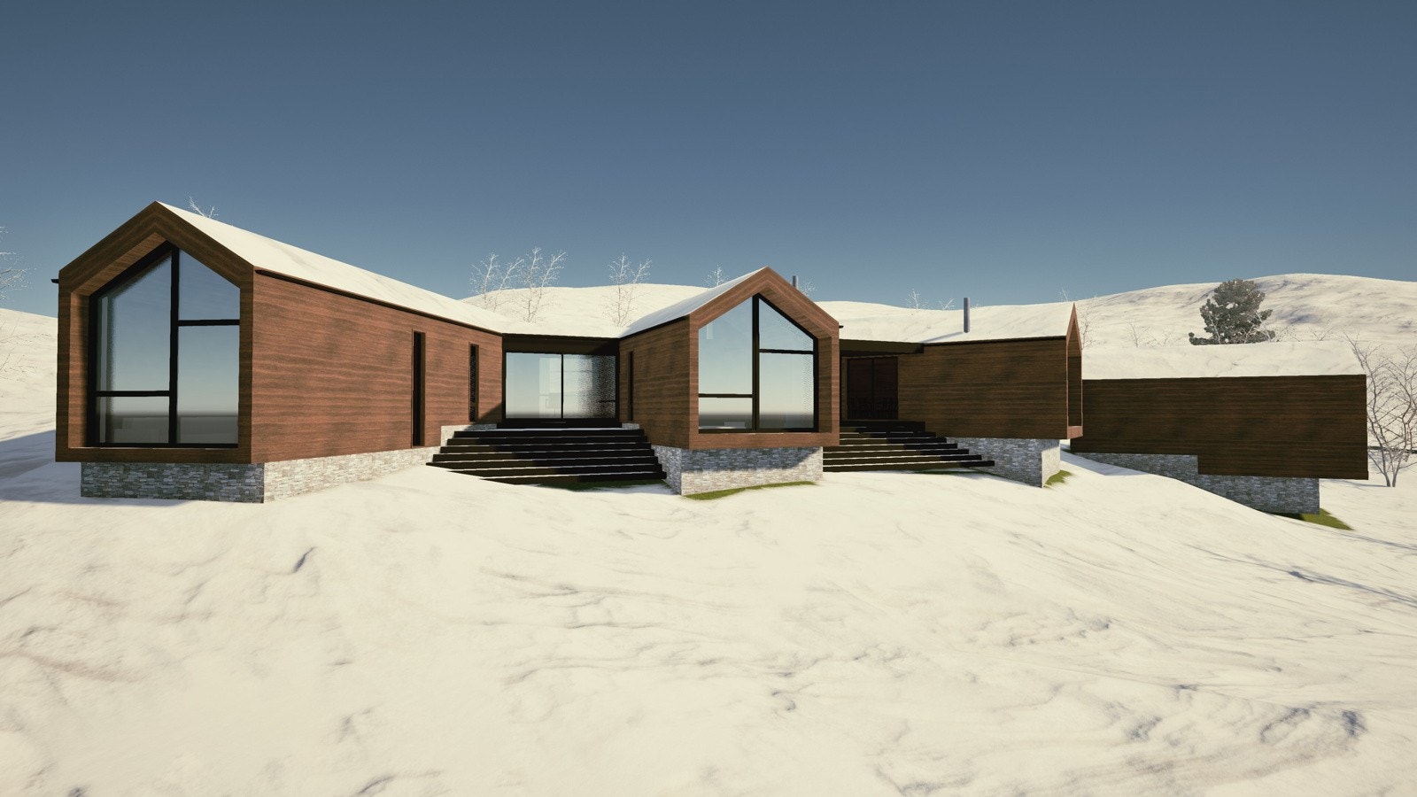 Hytta sett forfra og inn mot et av de skjermede uterommene. Galleribilde