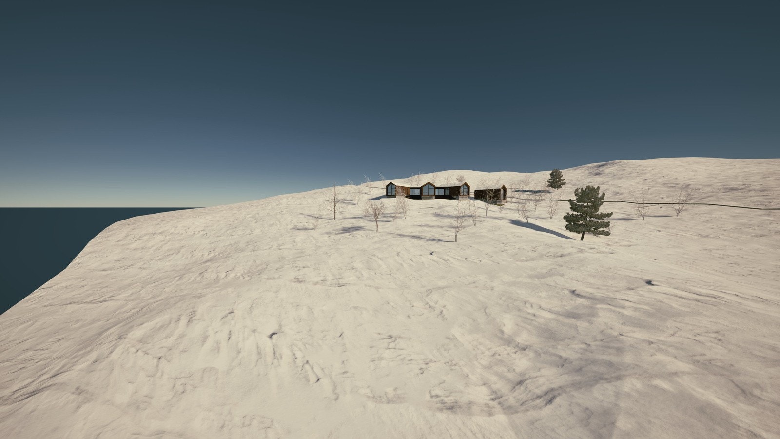 Hytta sett på avstand nedenfra Galleribilde