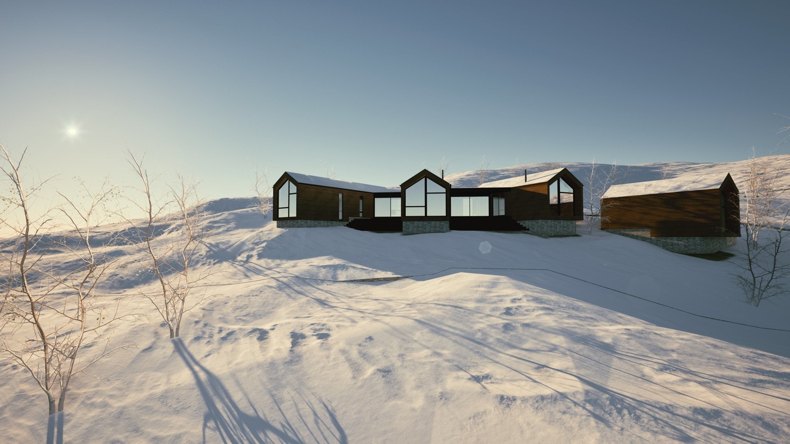 Fjordfaret arkitektkontor har tegnet en spesialtilpasset hytte til denne tomten - her sett nedenfra, småskala og stedstilpasset med lune uterom Galleribilde