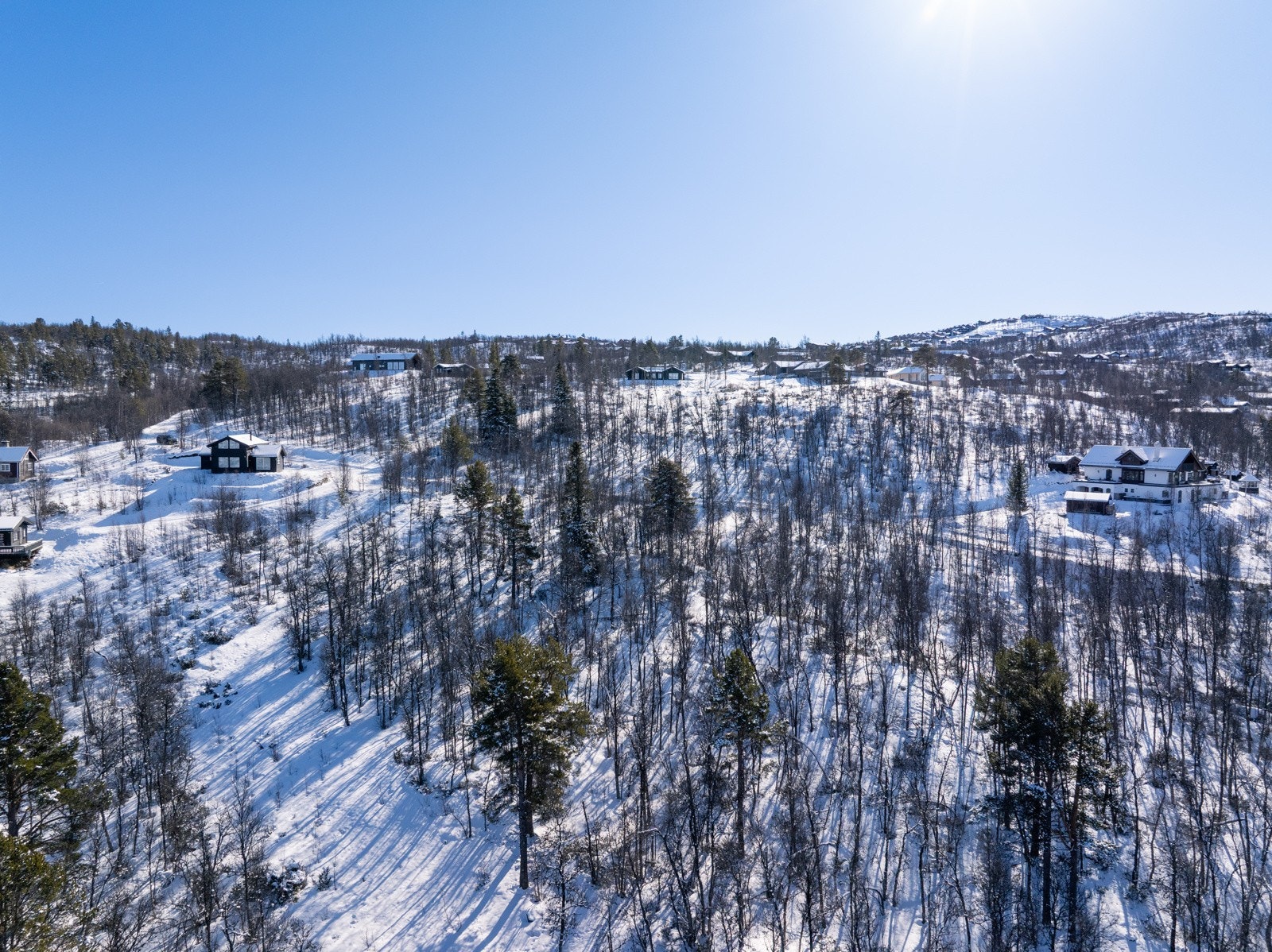 Tomten sett fra nord. Omkringliggende bygg er hytter og et enkelt hus. Galleribilde