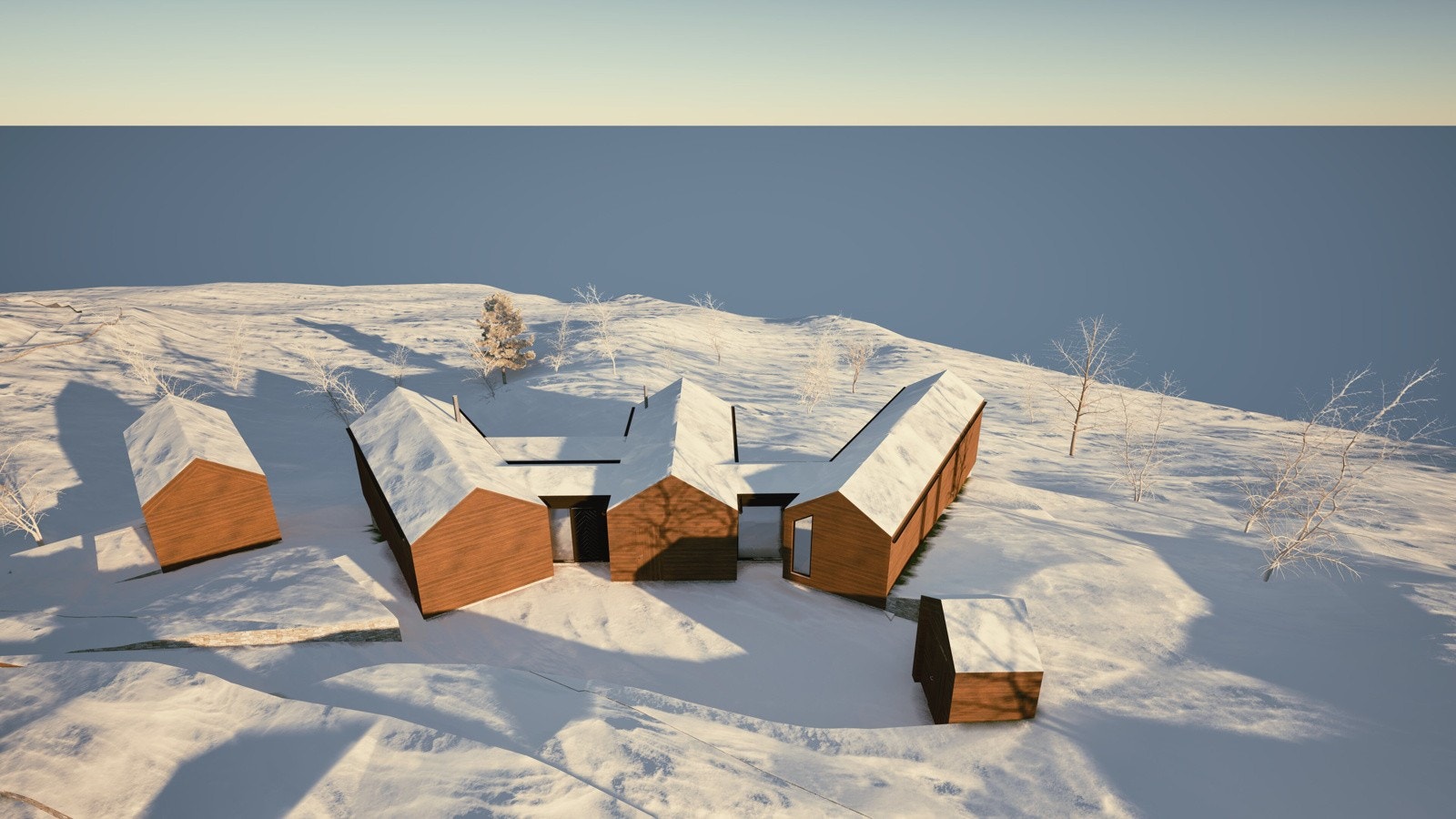 Illustrasjon fra baksiden, hvor man kan se at hvert volum er vinklet mot hvert sitt høydepunkt i utsikten, henholdsvis Hallingskarvet - sentrum - Reineskarvet Galleribilde