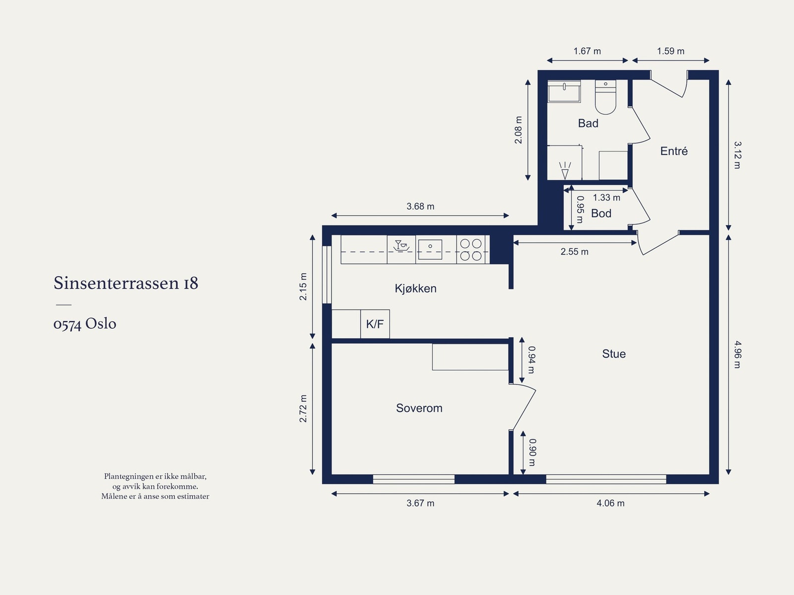 Leiligheten har en praktisk planløsning. Alternativ planløsing er å flytte kjøkken til stue for å etablere et ekstra soverom. Galleribilde
