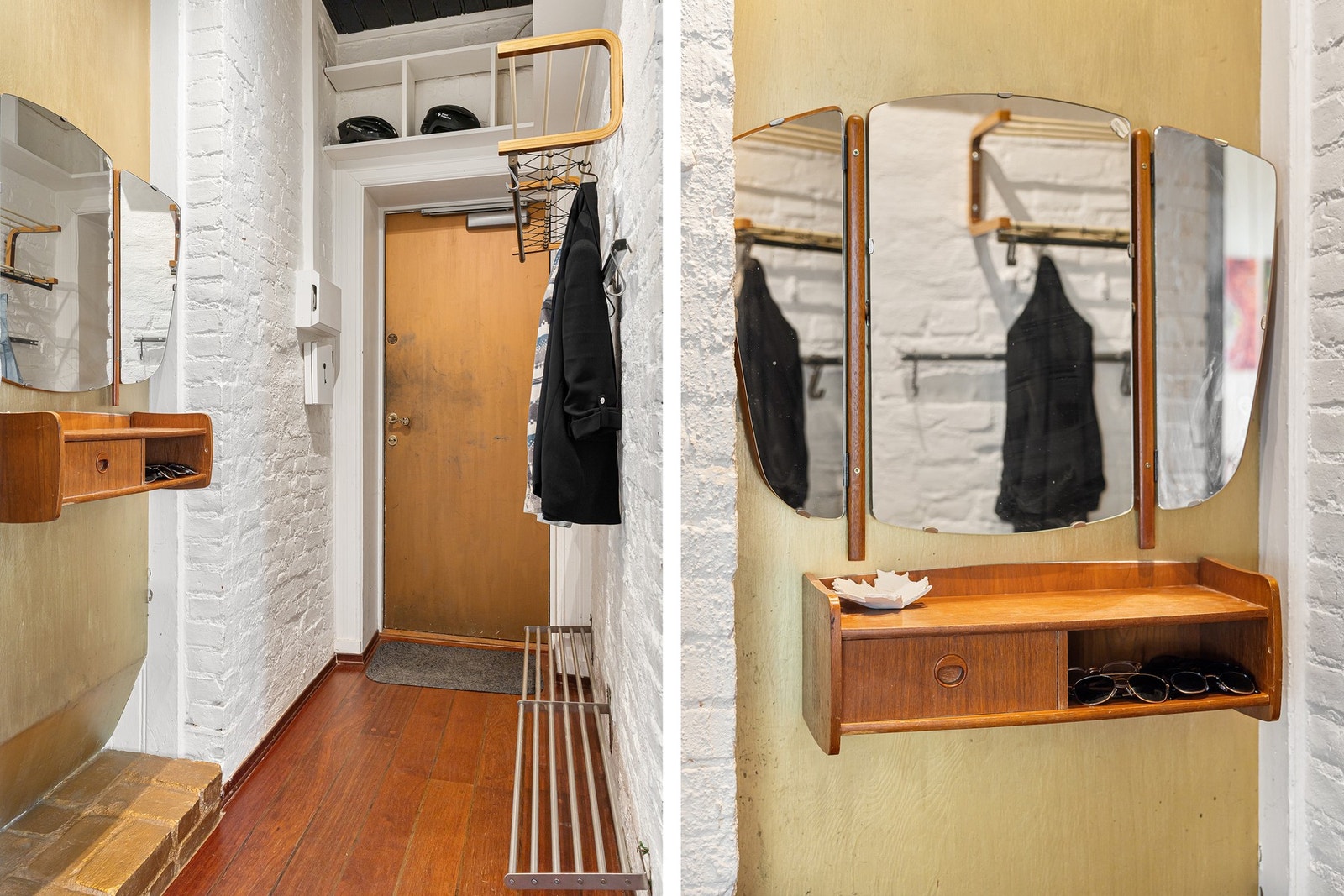 Koselig entré med smarte løsninger for oppbevaring av klær, sko, sykkelhjelmer mm. Galleribilde