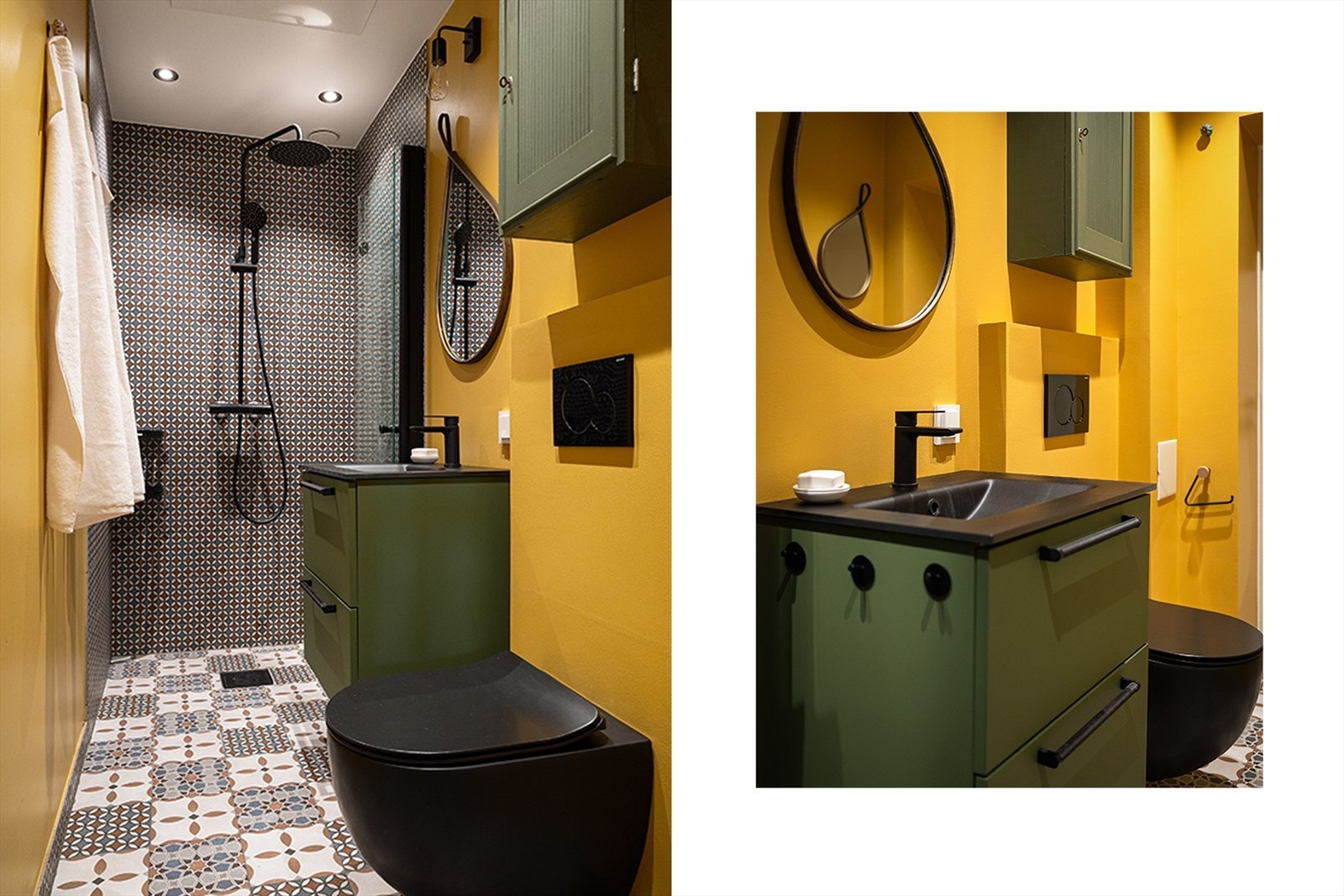 Badet ble totaloppusset i 2021 med lekre fliser og innredninger. Våtromsmaling på øvrige vegger og sorte detaljer på innredningene. Galleribilde