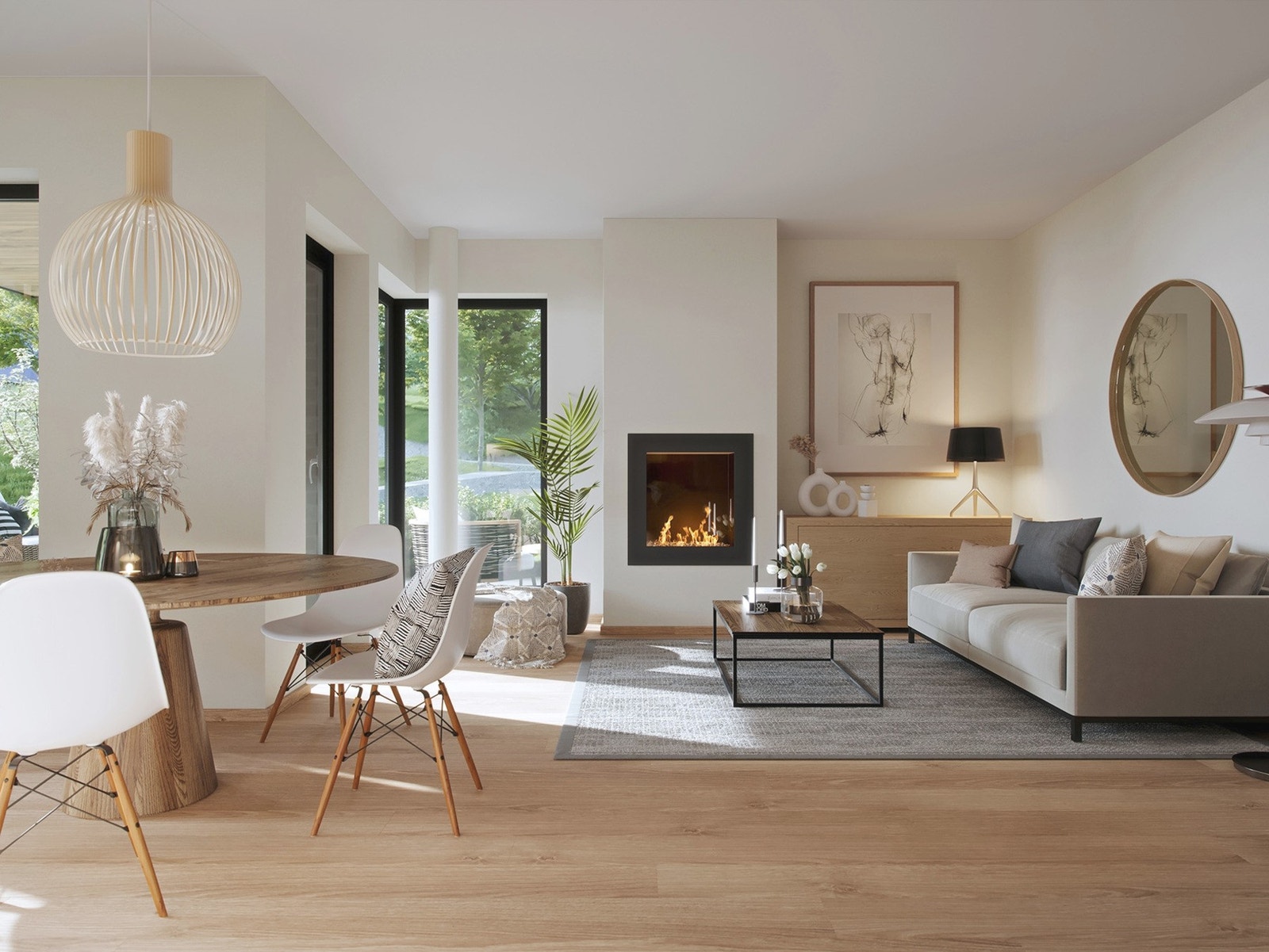 Illustrasjon av en annen leilighet i prosjektet. Stue med stilpakken Nordisk, avvik fra plantegning kan forekomme. Merk at leiligheten leveres uten gasspeis. Galleribilde