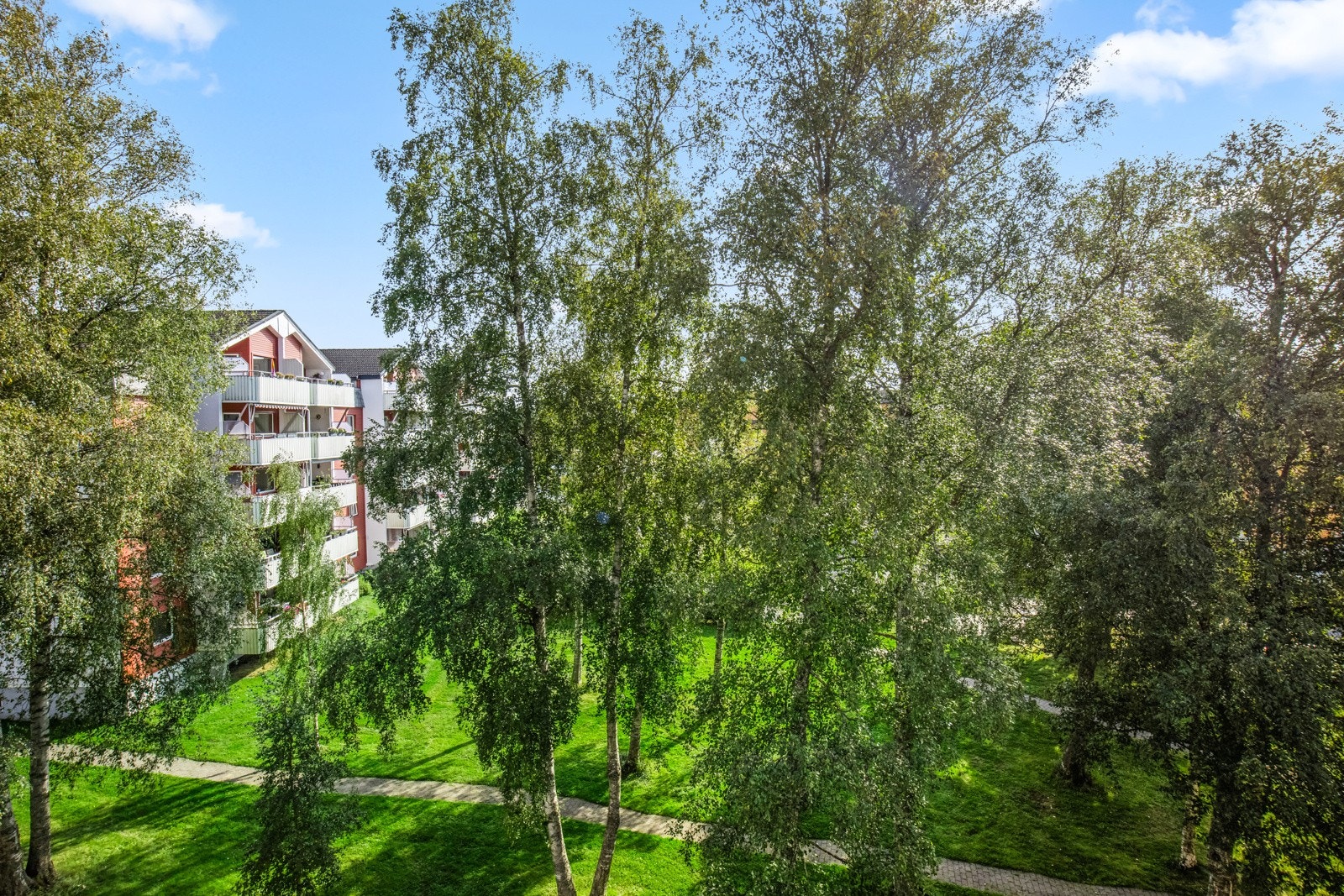 Det grønne nærområdet gir et hyggelig utsyn fra både balkong og stue Galleribilde