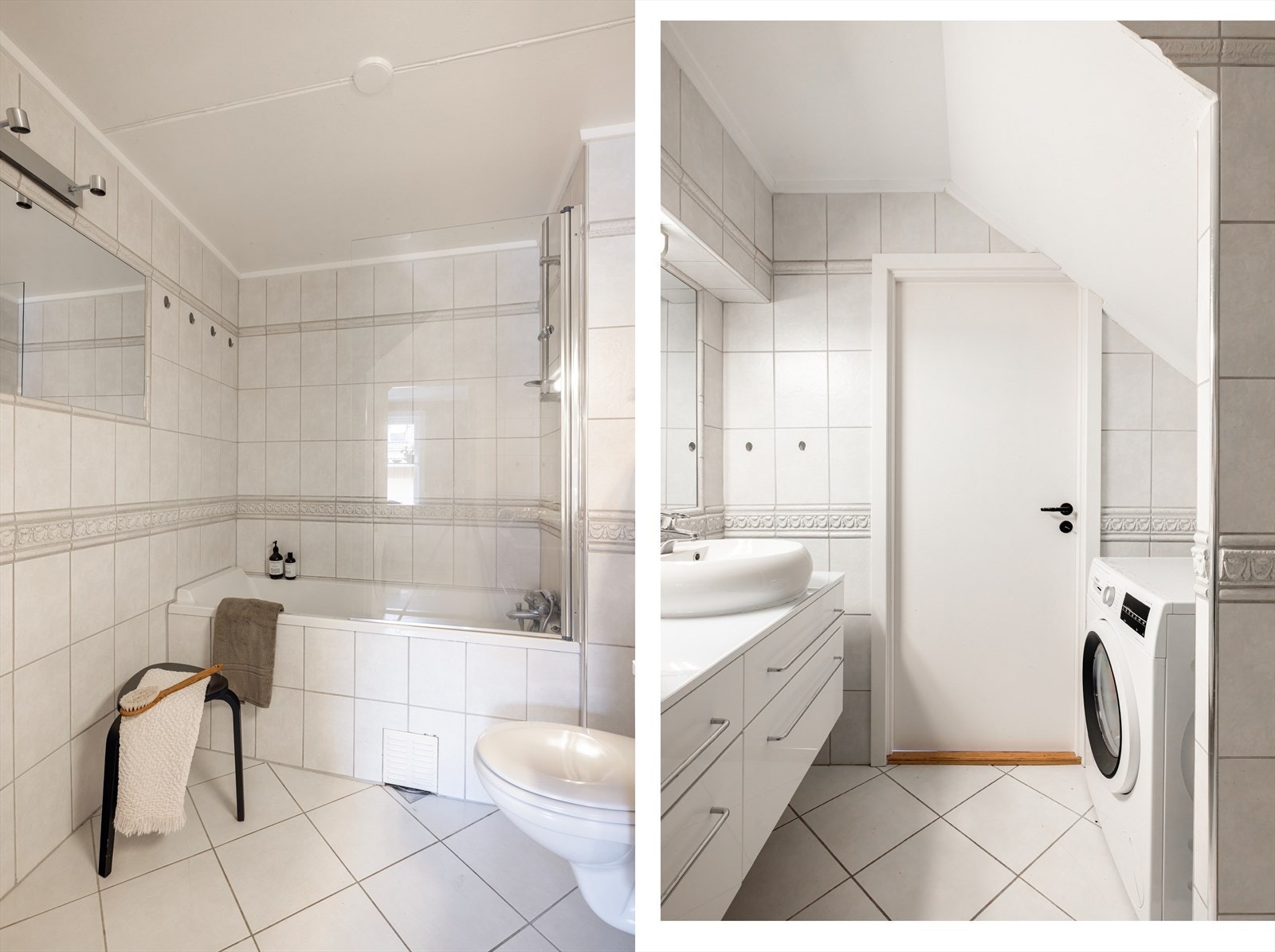 Fliser på gulv med gulvvarme. Badet består av badekar, dobbeltservant med underskap og toalett. Opplegg/plass til vaskemaskin. Mekanisk avtrekk via felles vifte. Galleribilde