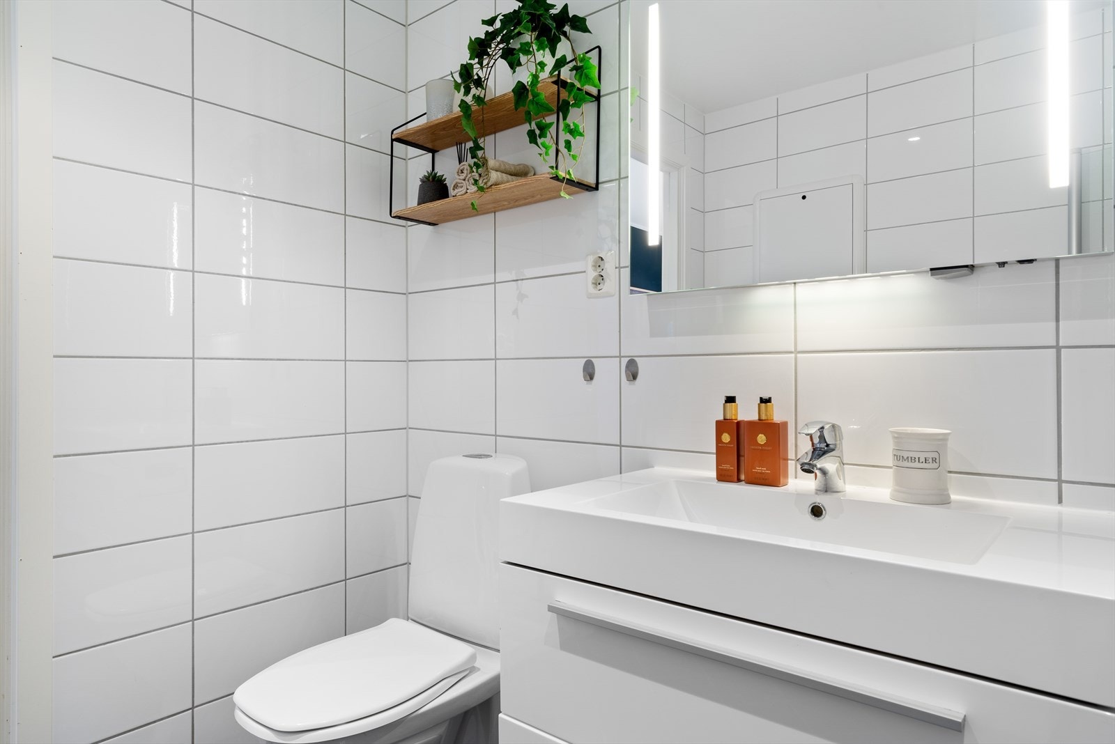 - Innredet med toalett, vegghengt servantskap, speilskap med integrert belysning, opplegg for vaskemaskin og dusjhjørne med innfellbare glassdører - Galleribilde