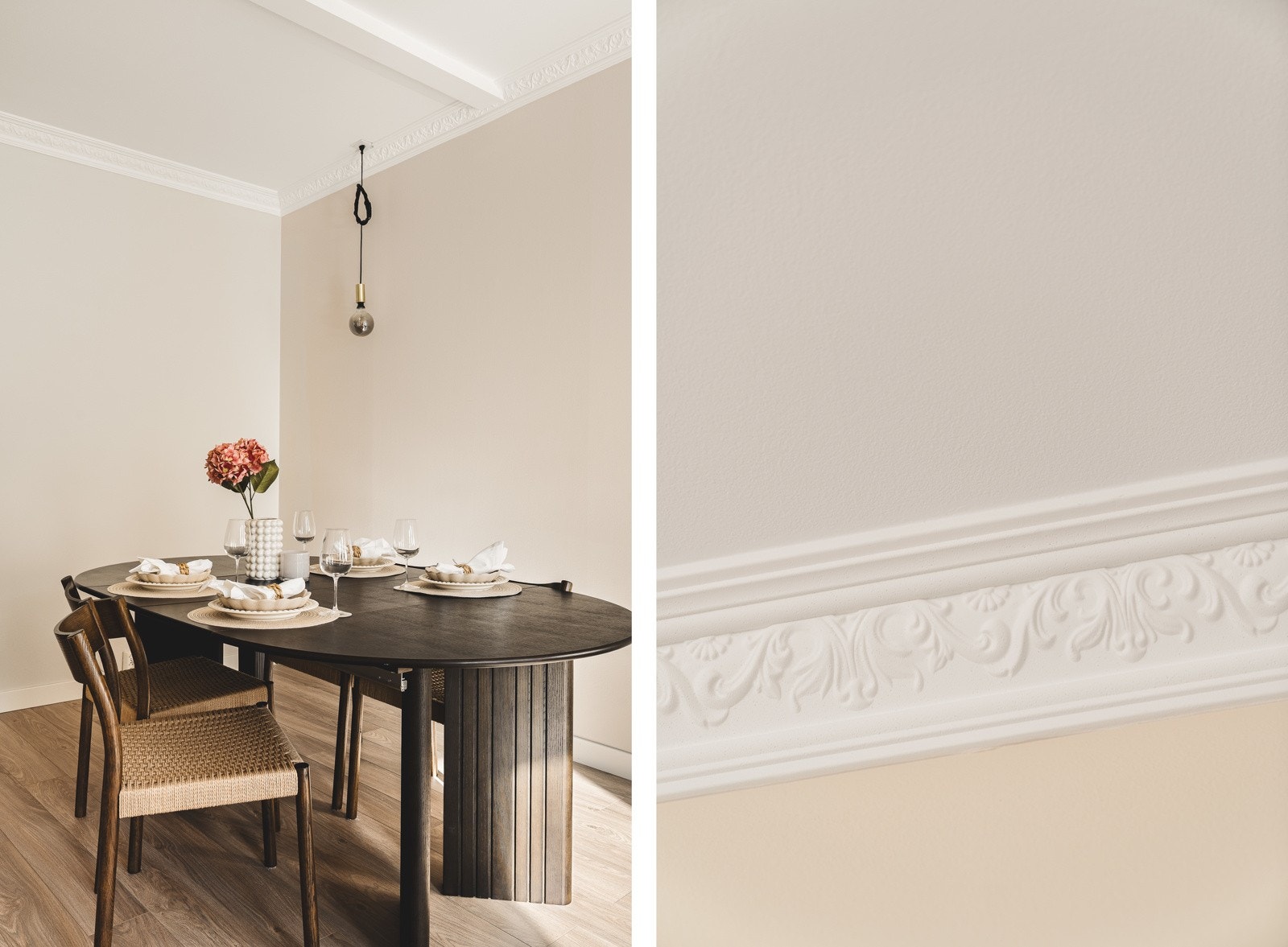 God plass til spisebord. Flotte stukkaturer i taket. Galleribilde