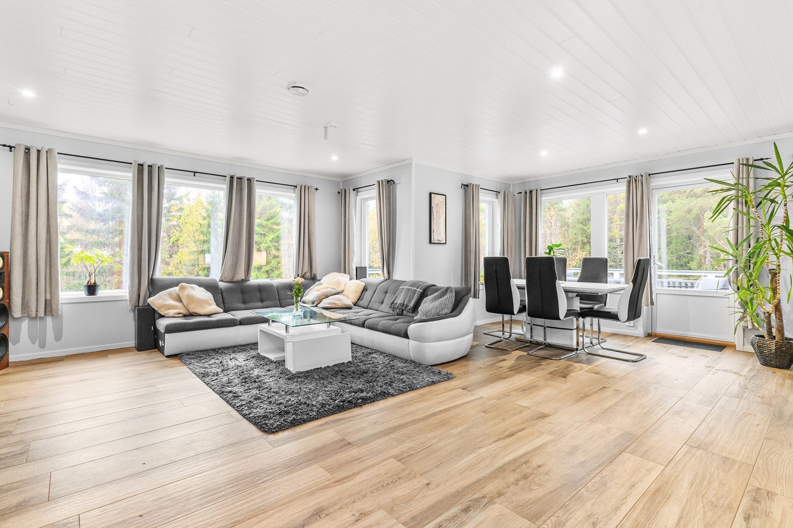 Stuen holder god romslighet med rom for en komfortabel sofakrok, underholdningsavdeling, vitrineskap og spisebord. Galleribilde