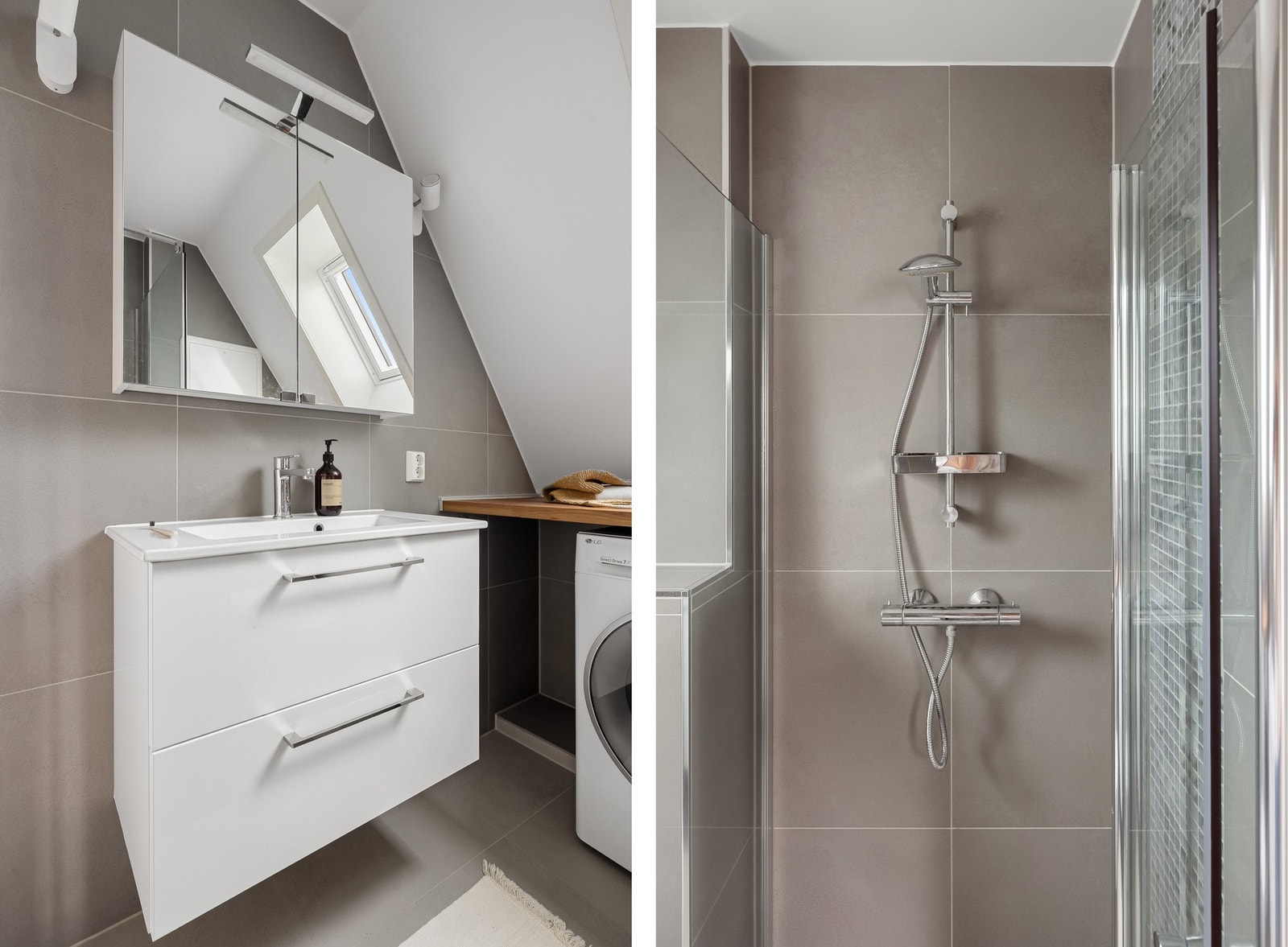 I tillegg er det opplegg for vaskemaskin. Det er ellers utstyrt med baderomsinnredning og vegghengt toalett. Galleribilde