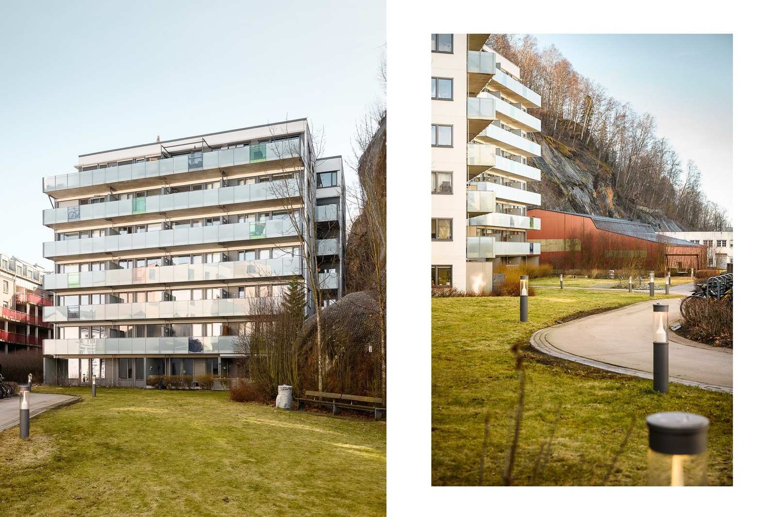 Moderne bygg fra 2007. Fellesområdene er opparbeidet med plen og beplantning. Galleribilde