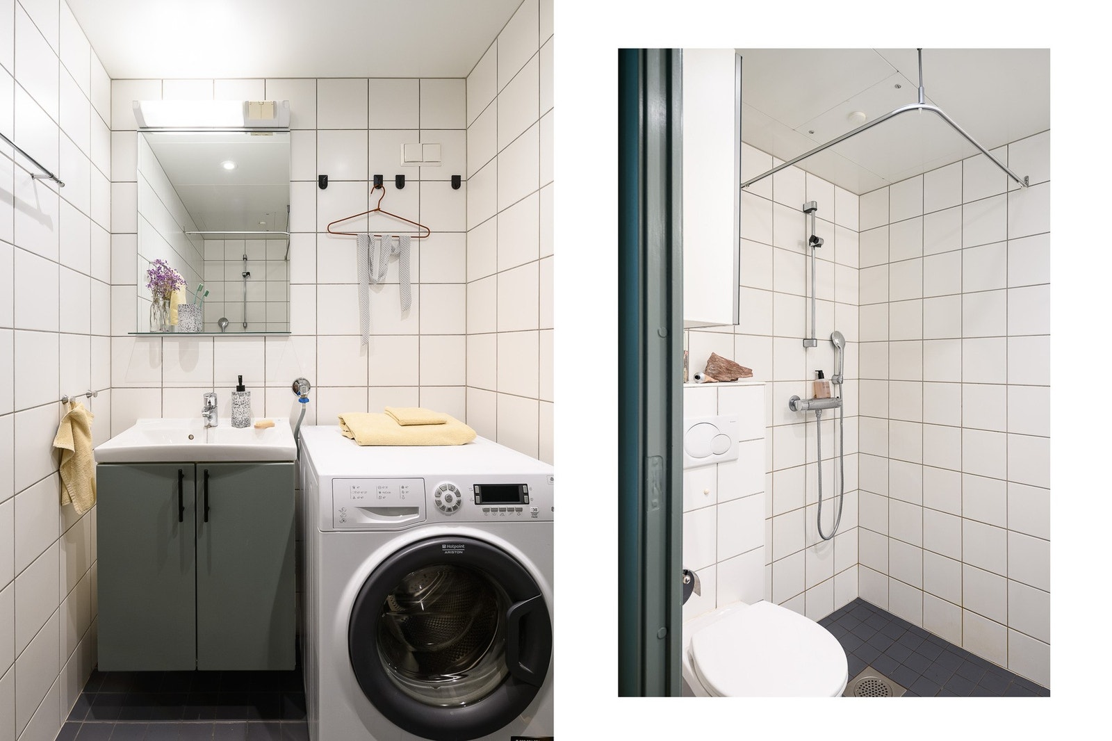 Stilrent baderom med flislagte overflater. Galleribilde