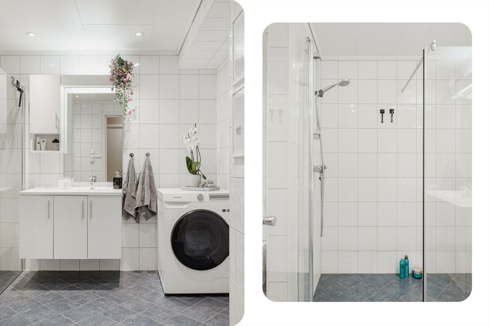 Badet er utstyrt med toalett, helstøpt servant, skap under servant med slette fronter og dusjdører i klart glass. Det er opplegg for vaskemaskin. Galleribilde