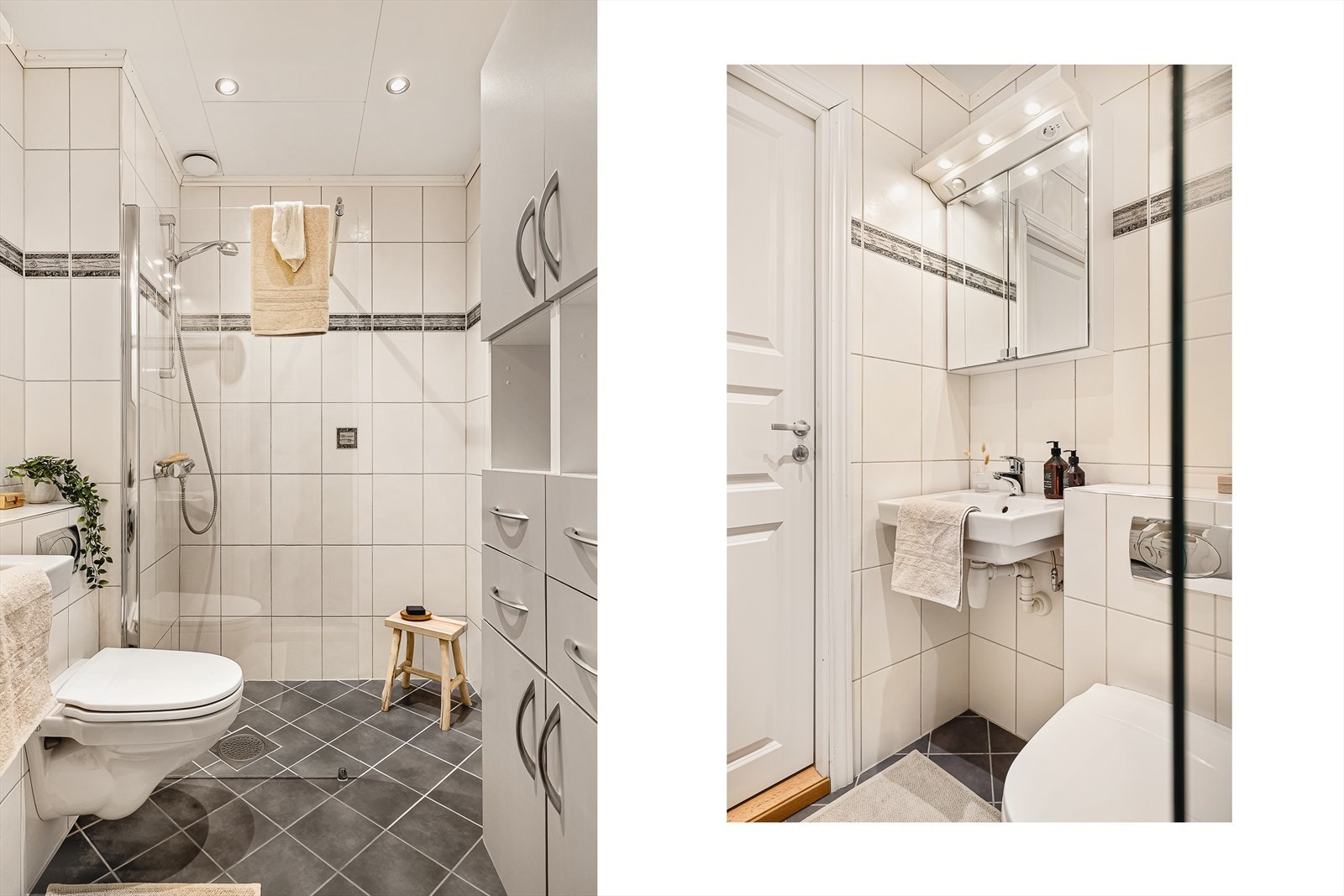 Pent, helfliset baderom med varme i gulv og downlights i himling Galleribilde