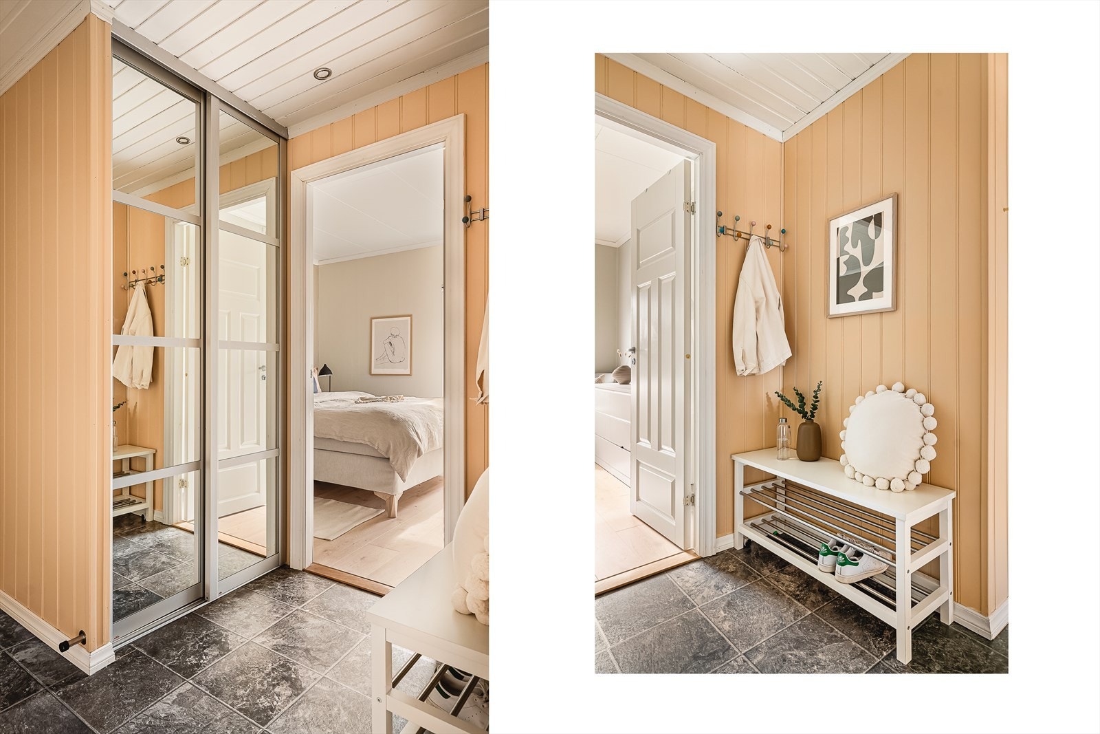 God plass til oppbevaring av yttertøy på oppheng og i skyvedørsgarderobe med speilfront Galleribilde