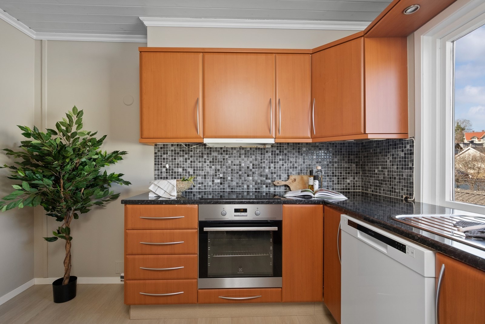 Det er integrert komfyr og platetopp og oppvaskmaskin medfølger handelen. Galleribilde