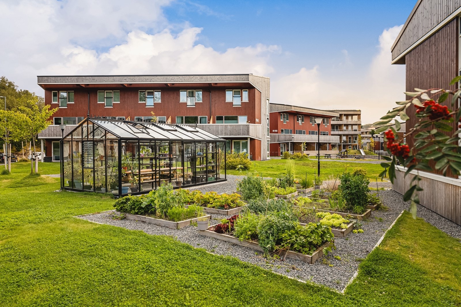 Fellesarealene inneholder bl.a. veksthus, bålplass, en bekk med broer, en ballbane, flere lekeplasser, et torg til f.eks. juletretenning og områder med frukttrær og blåbærlyng! Galleribilde