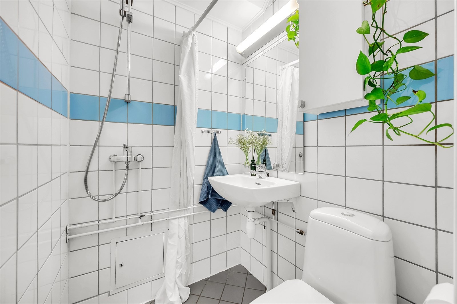 Badet er utstyrt med åpen dusjsone, toalett og servant. Galleribilde