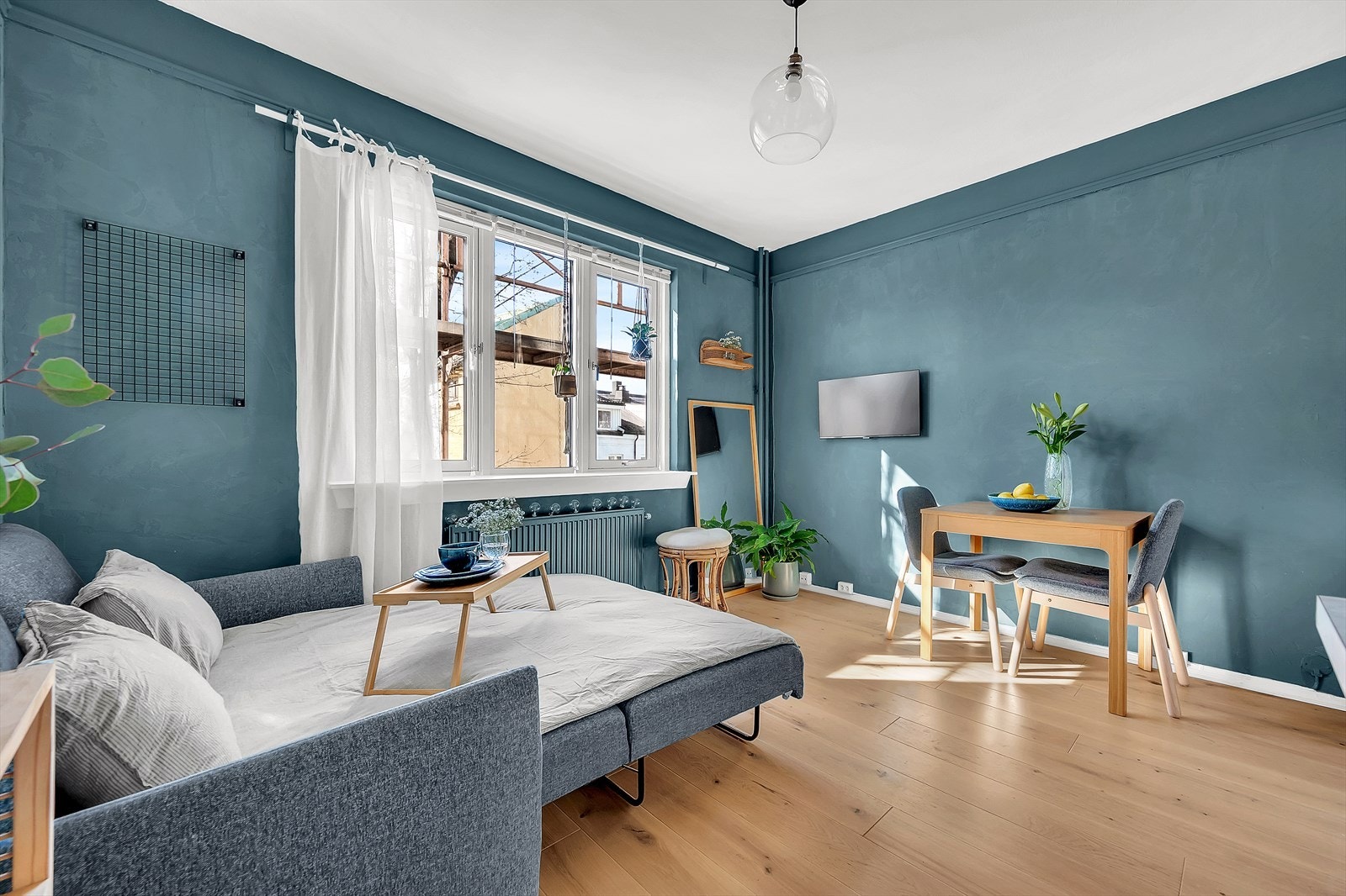 Det er plass til sovesofa, spisebord og TV. Galleribilde