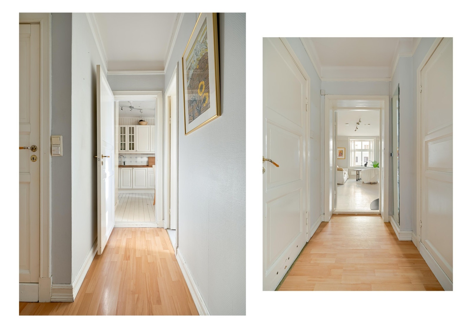 Her kommer du inn, og ser ut mot kjøkkenet rett frem, og ut i stuen til venstre. Galleribilde