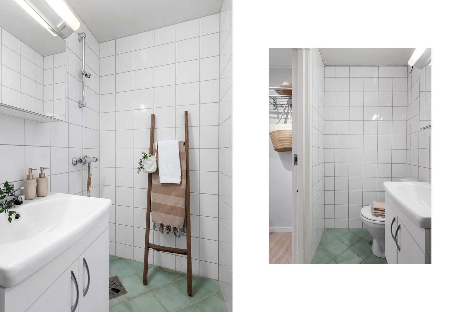 Bad 2, flislagt bad med gulvvarme, dusjplass, servant med underskap, speilskap med lys over og wc. Galleribilde