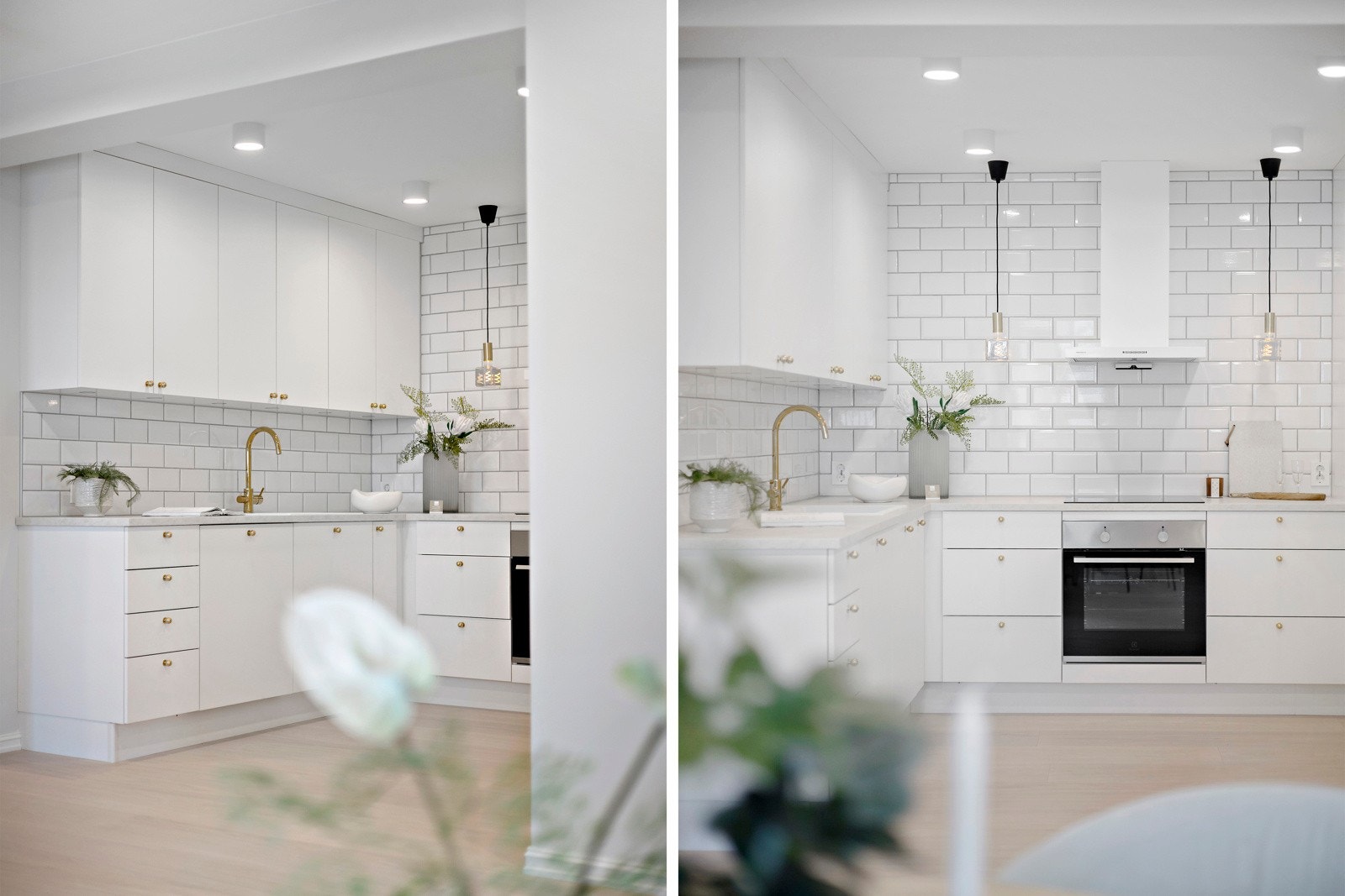 Kjøkkenet er delikat og innbydende, med god arbeidsflyt langs lyse benkeplater. Galleribilde