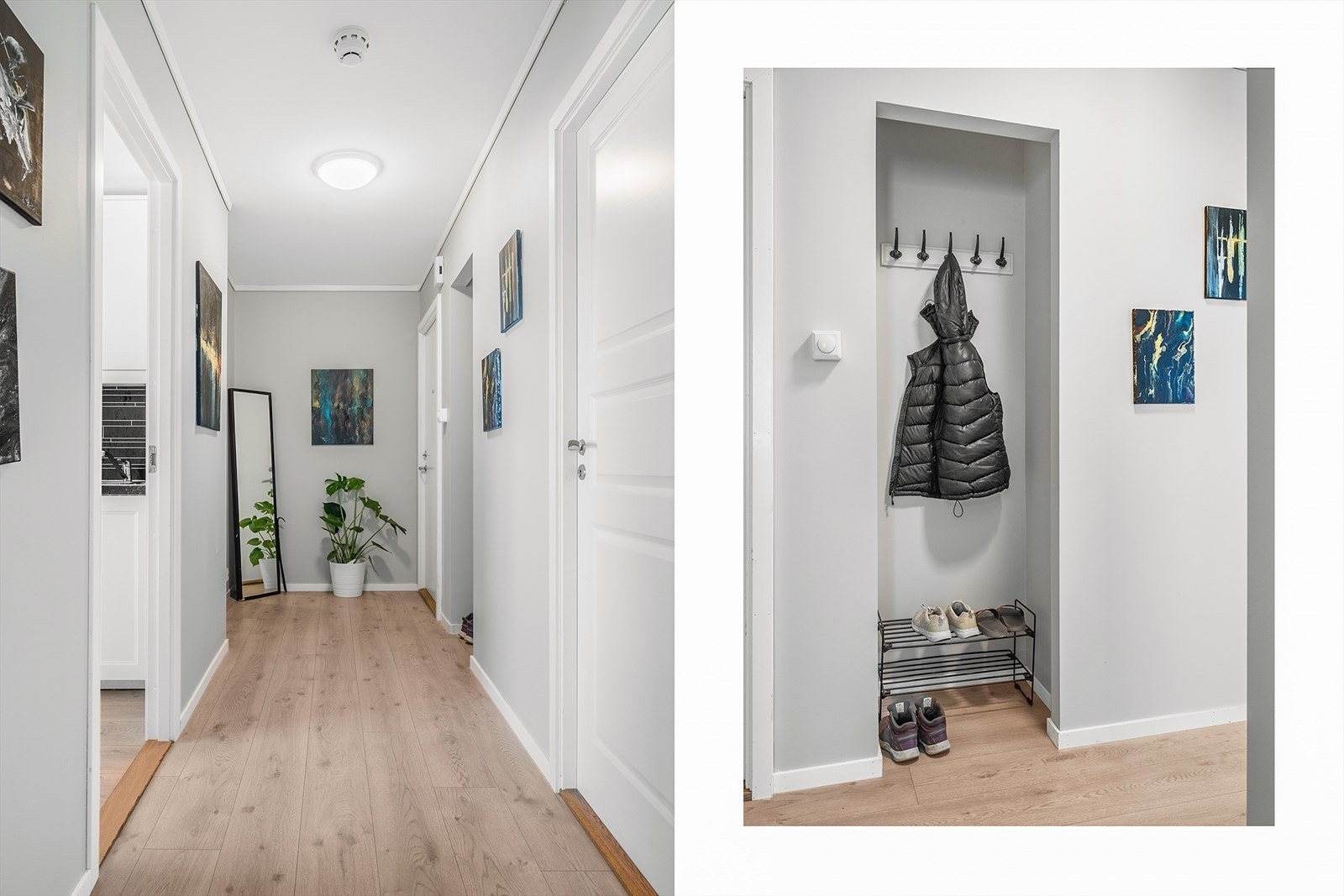 Entreen har plass til det en skulle ønske av ytterklær og sko. Galleribilde
