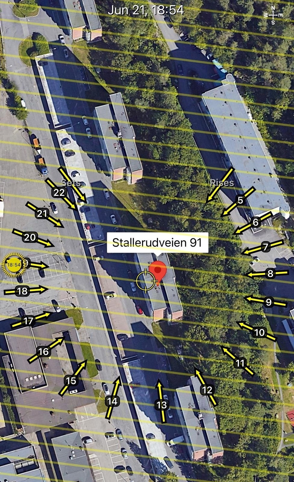 Solkart er kun ment som en illustrasjon over solforholdene midtsommers (21.6). Teknologien som brukes kan slå feil pga. kalibrering e.l. Solforhold må derfor også kontrolleres selv ved hjelp av kompass, kart eller egen app hvis dette er av betydning Galleribilde