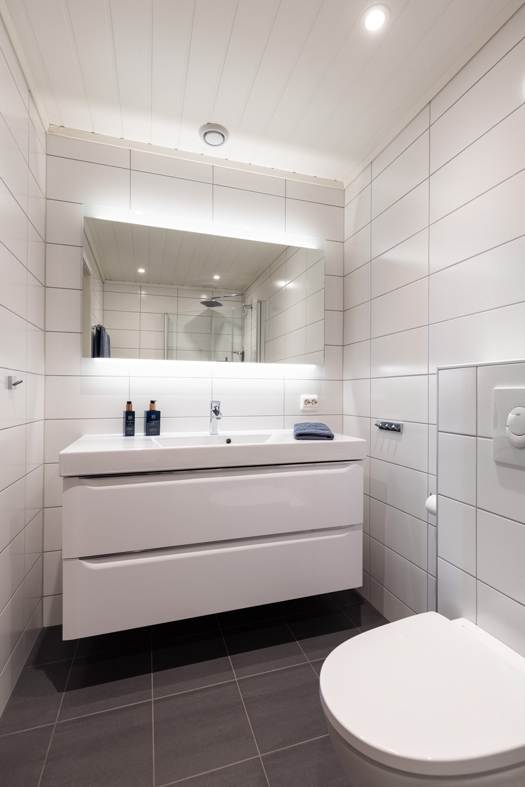 Badet er innredet med vegghengt toalett og dusjnisje med vegger i herdet glass. Samt servantinnredning med underskuffer og speil med overlys. Galleribilde