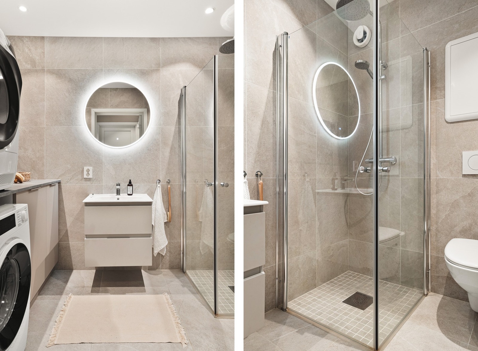 Flisene og fargevalget gir badet et luksuriøst preg og fremstår tidløst. Galleribilde