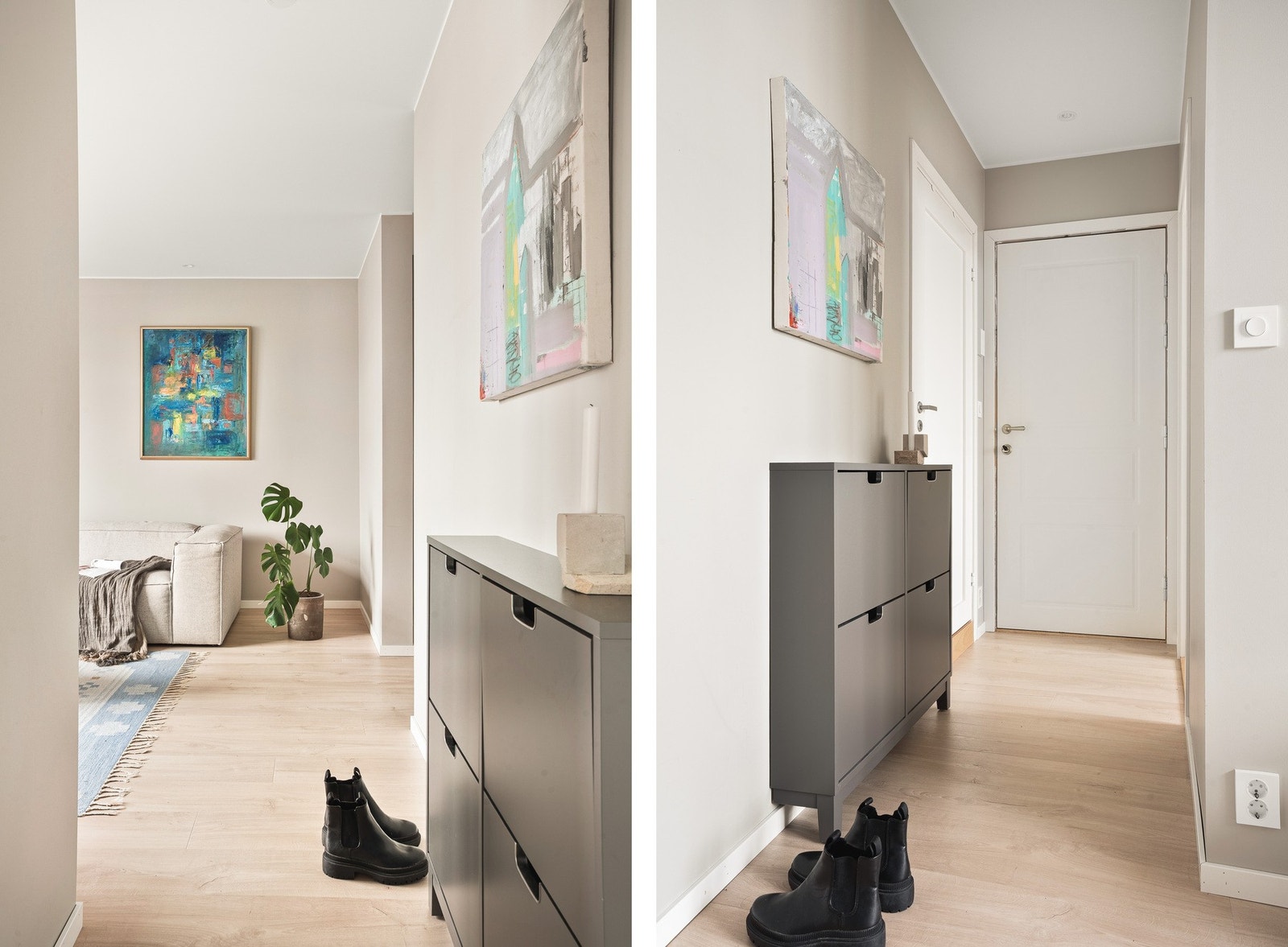 Leiligheten gir et godt førsteinntrykk med en praktisk entré. Her har man god plass til å henge fra seg yttertøyet, og annen oppbevaring. Galleribilde