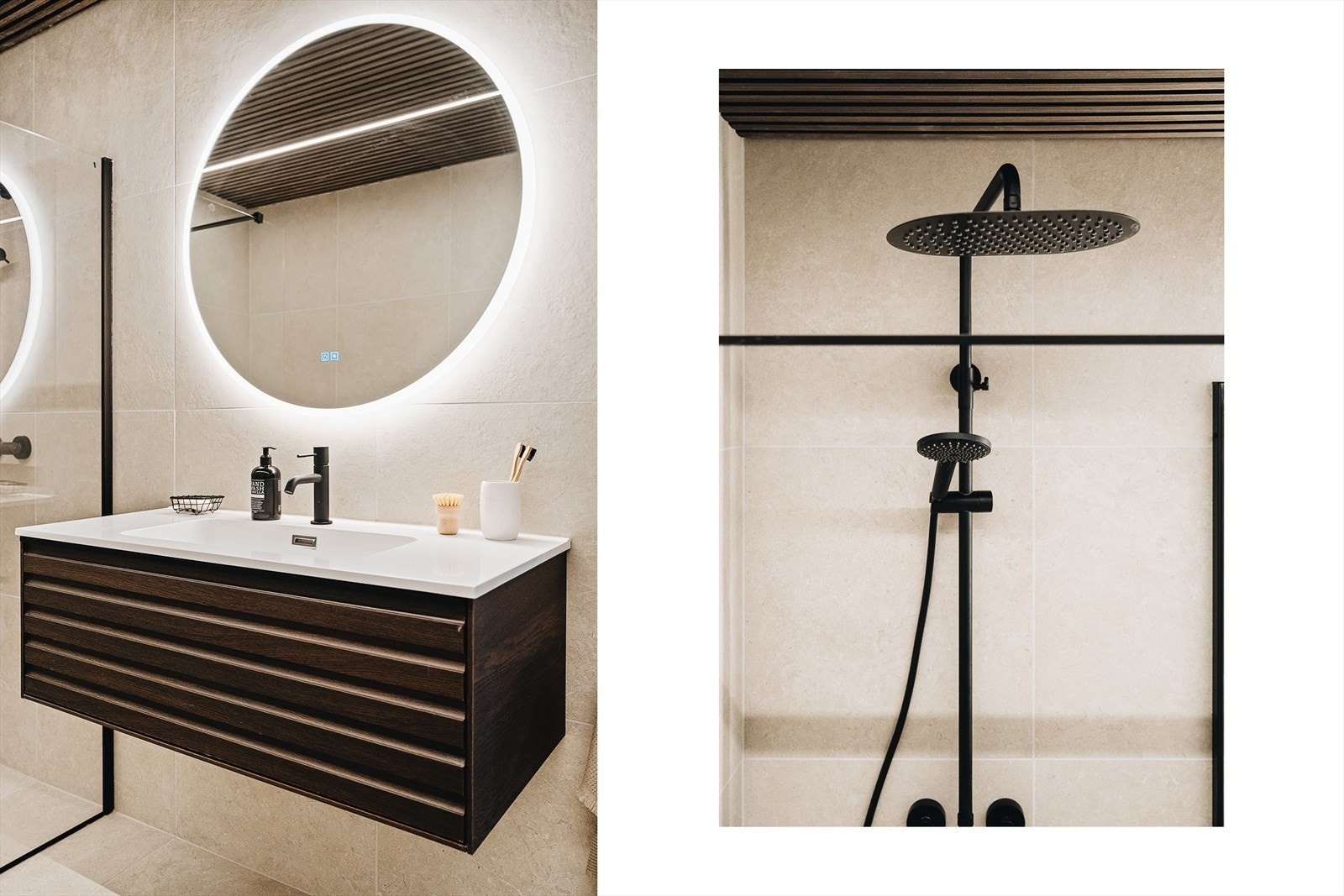 Det er utstyrt med vegghengt toalett, dusjsone, møblement med servant, rundt speil og opplegg for vaskemaskin. Galleribilde