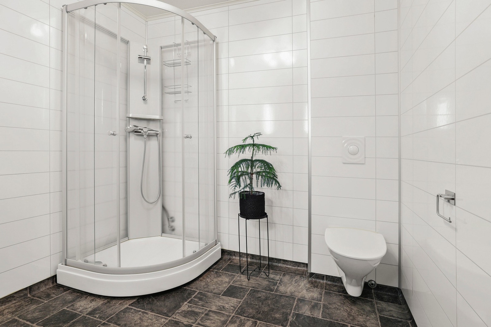 Det er dusjkabinett og vegghengt toalett Galleribilde