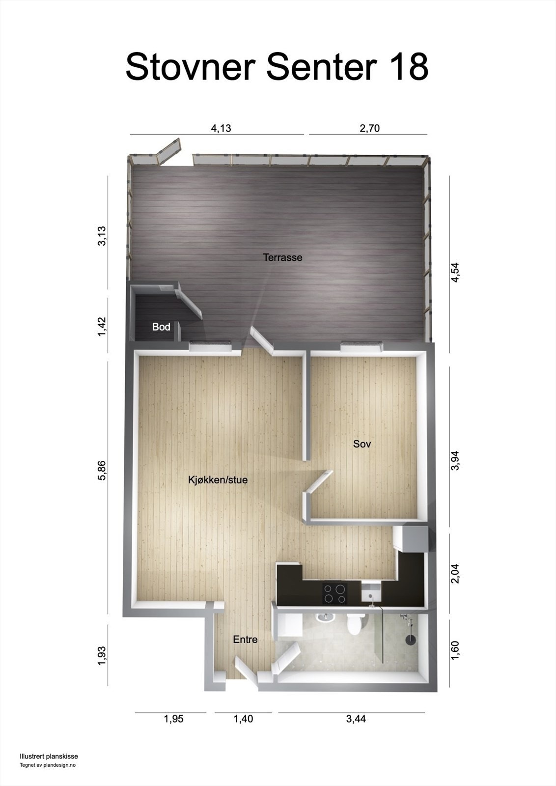 Boligens planløsning. Store oppholdsrom og en herlig privat uteplass. Galleribilde