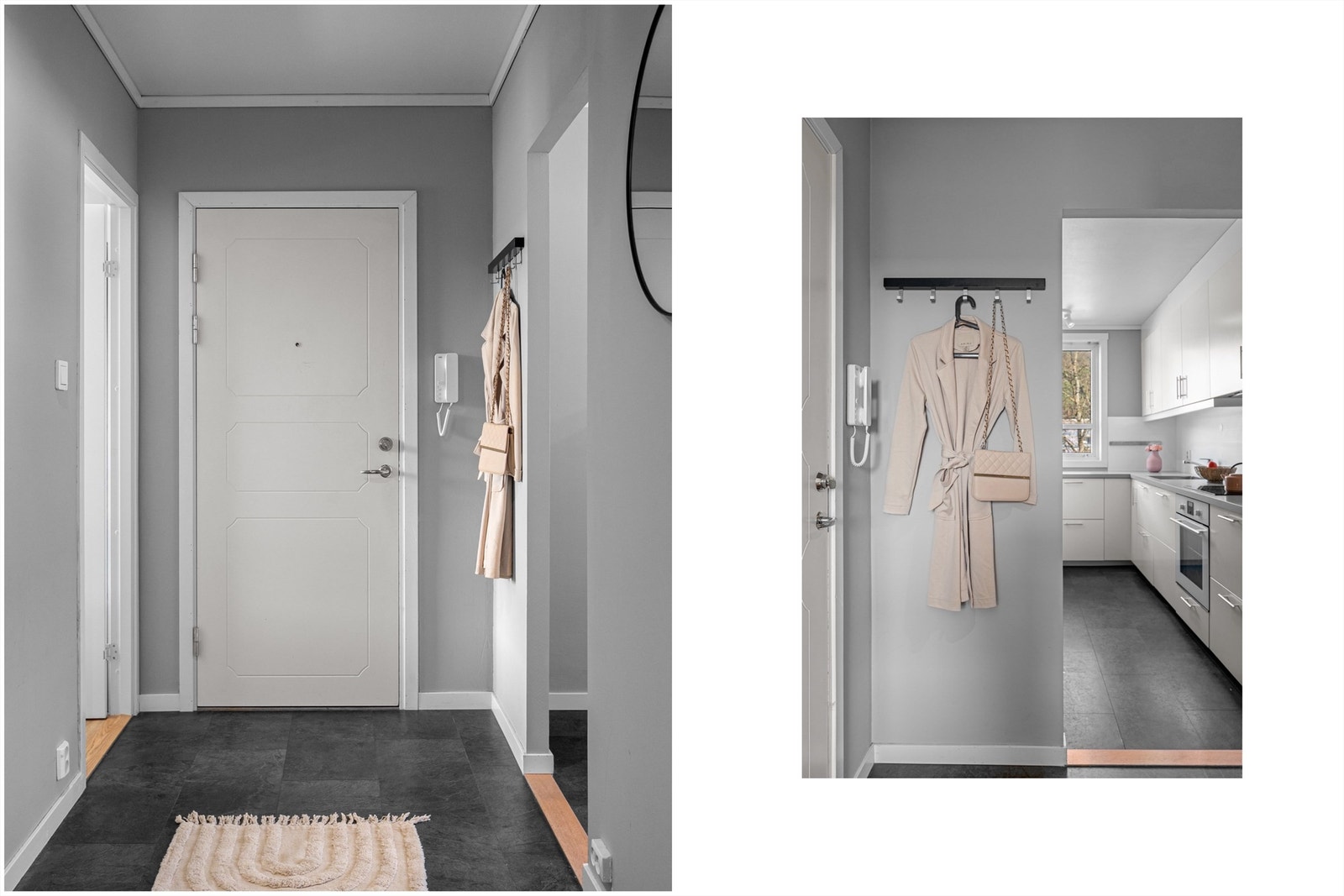 - Det første som møter deg over dørstokken er en lys og flott gang med plass til å henge fra seg yttertøyet - Galleribilde