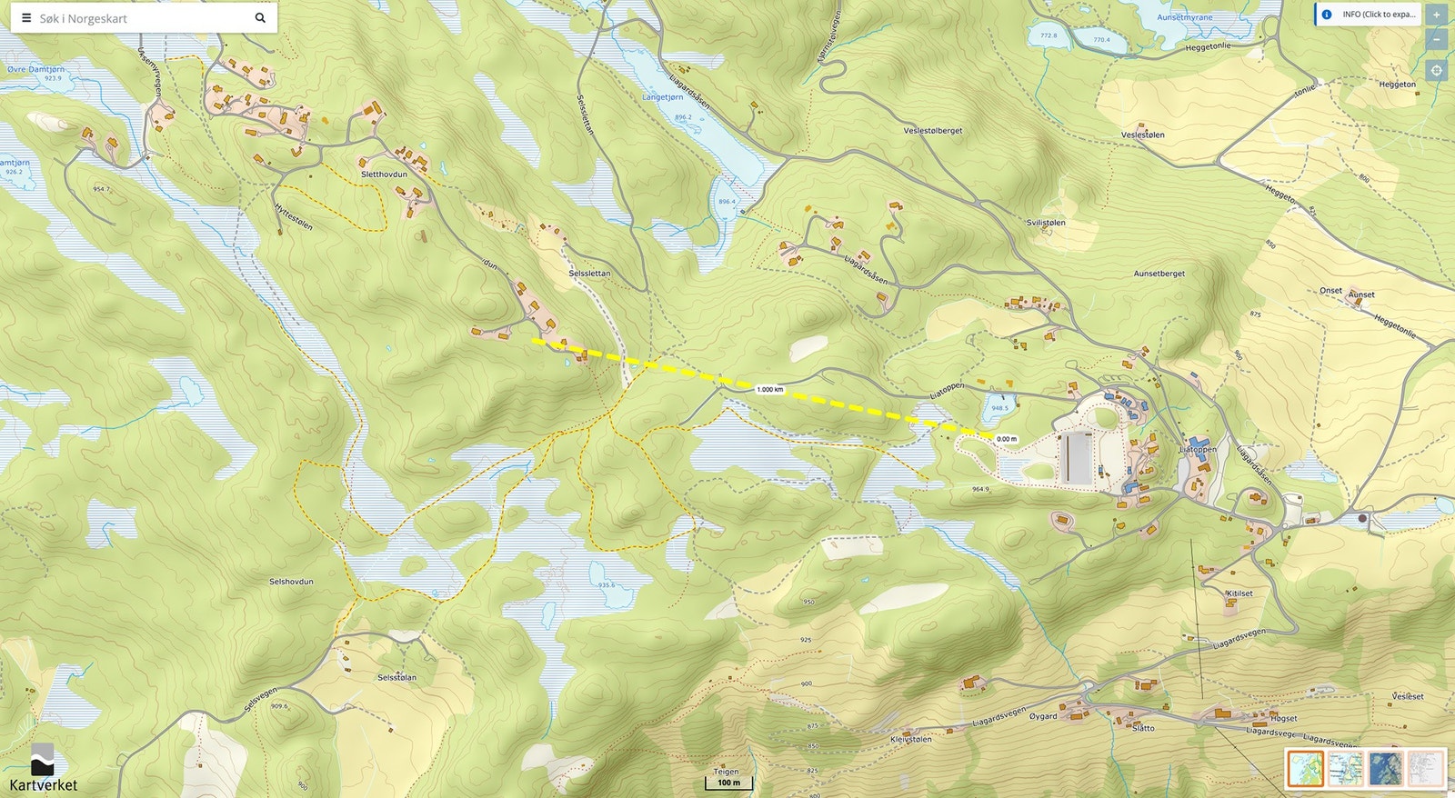 Norgeskart: Kort vei til Liatoppen Skisenter Galleribilde