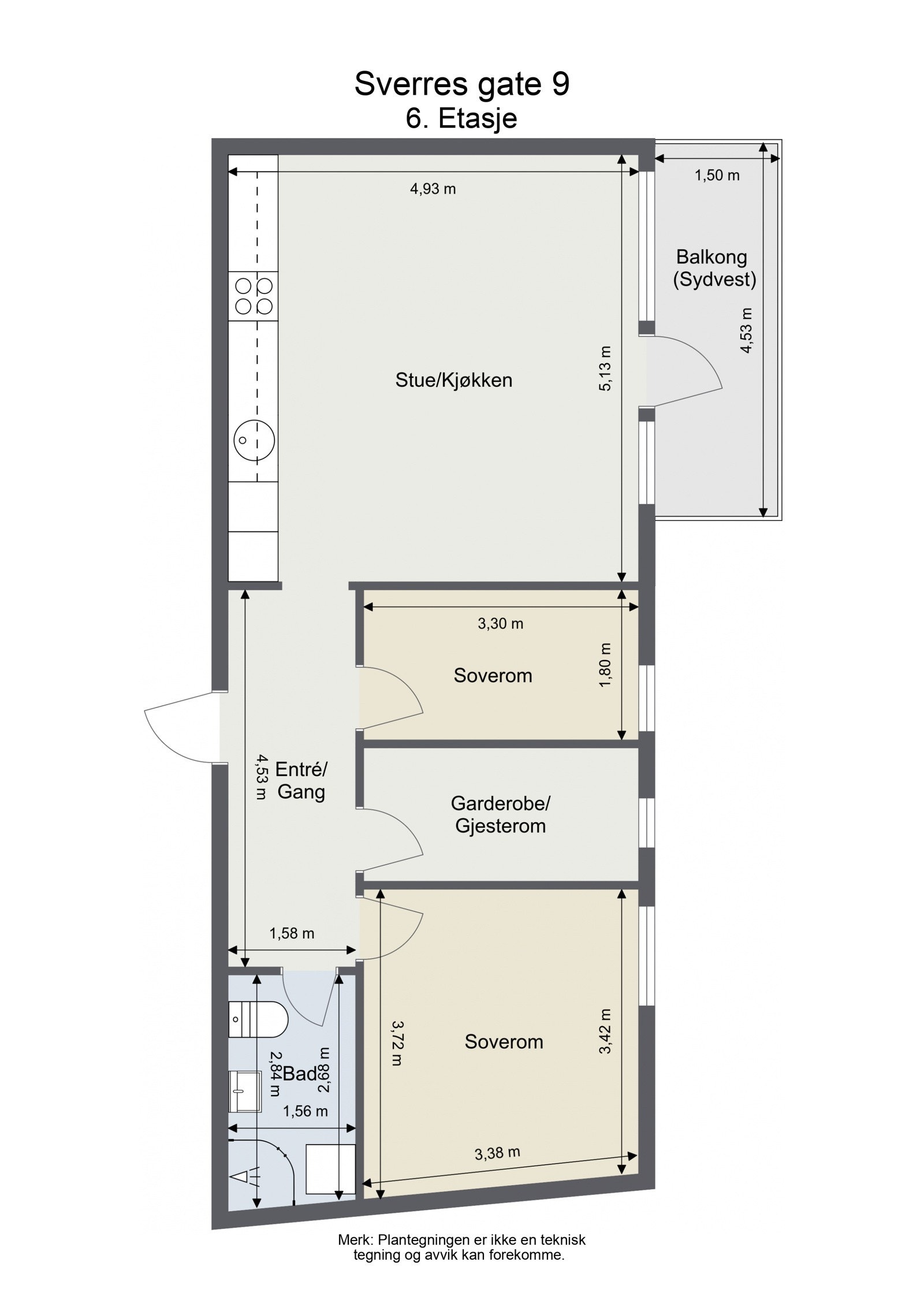 Plantegning. Leiligheten ligger i øverste etasje med dirkete heisadkomst til etasjeplan. Galleribilde