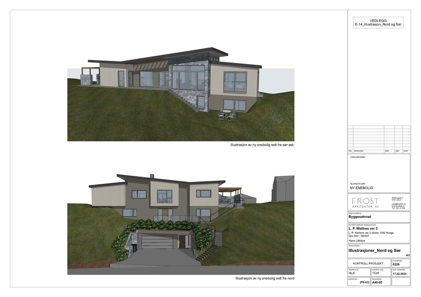 Illustrasjoner av eneboligen som er tegnet av Frost arkitekter. Boligen er tegnet slik at den tilpasser seg tomten. Galleribilde
