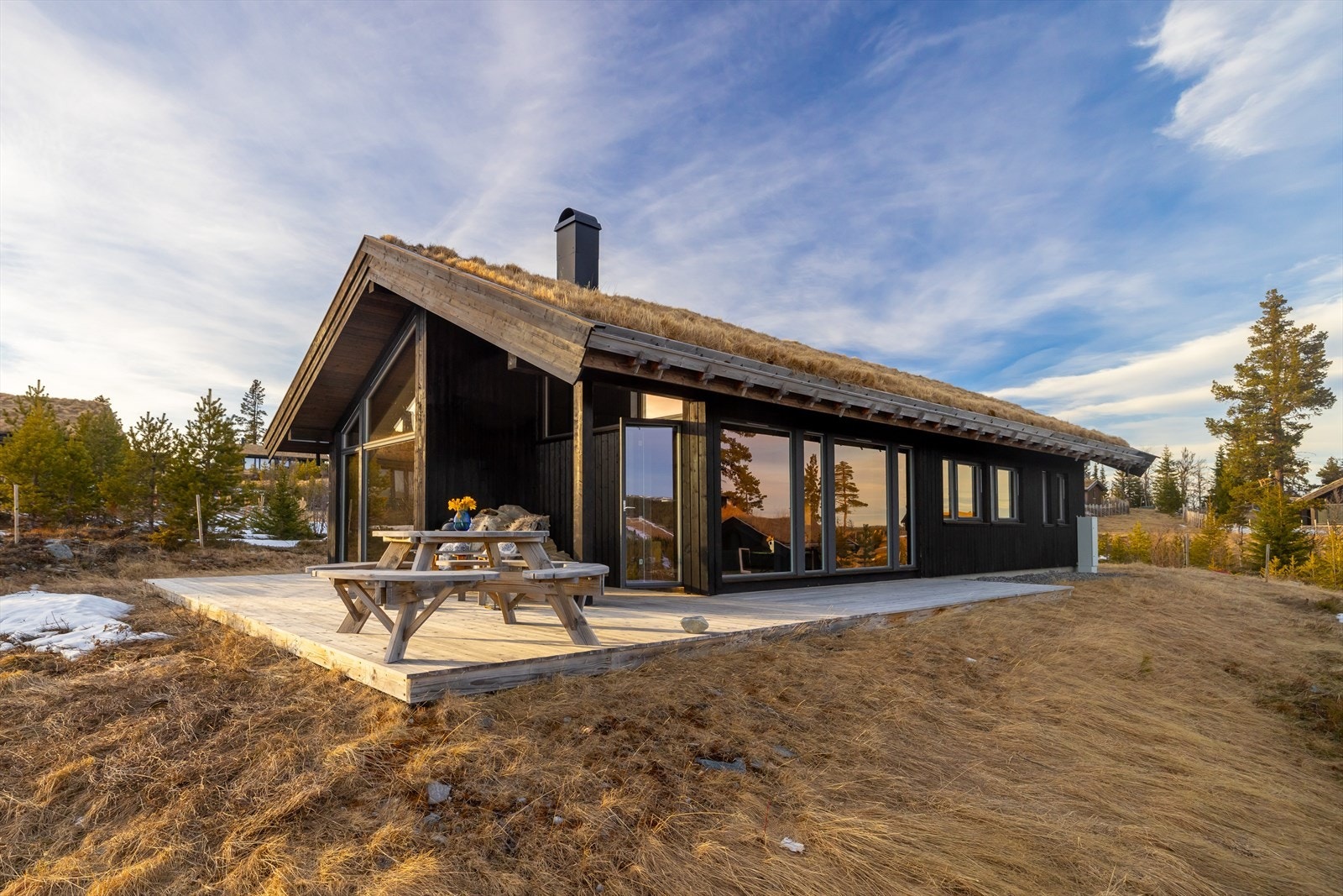 Klassiske detaljer med takrenner i tre, torvtak, jordfarger, m.m terrassen strekker seg fra øst mot vest for perfekte solforhold Galleribilde