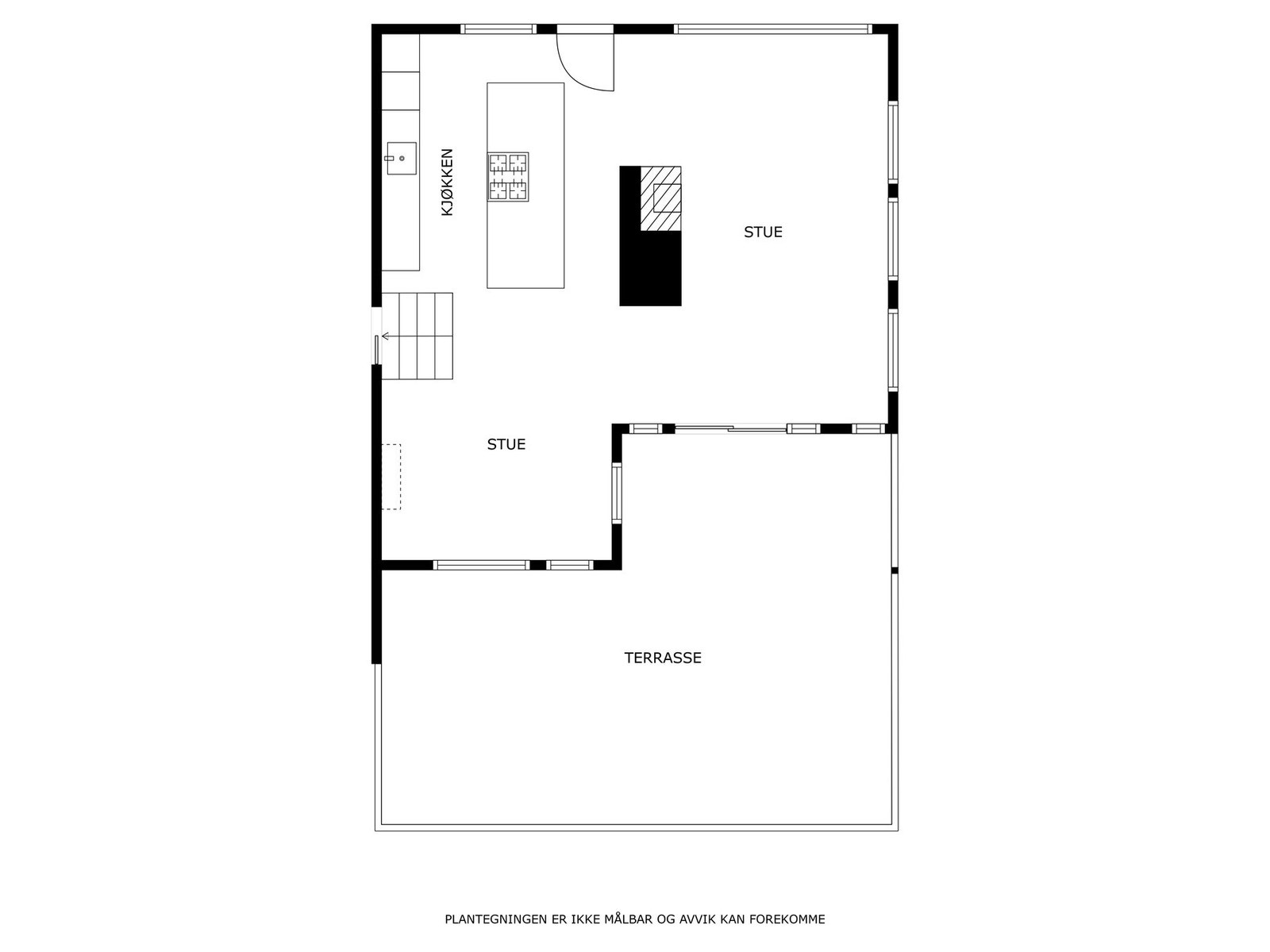 Romløsning plan for kjøkken/stue. (terrasse over garasjedel). Galleribilde
