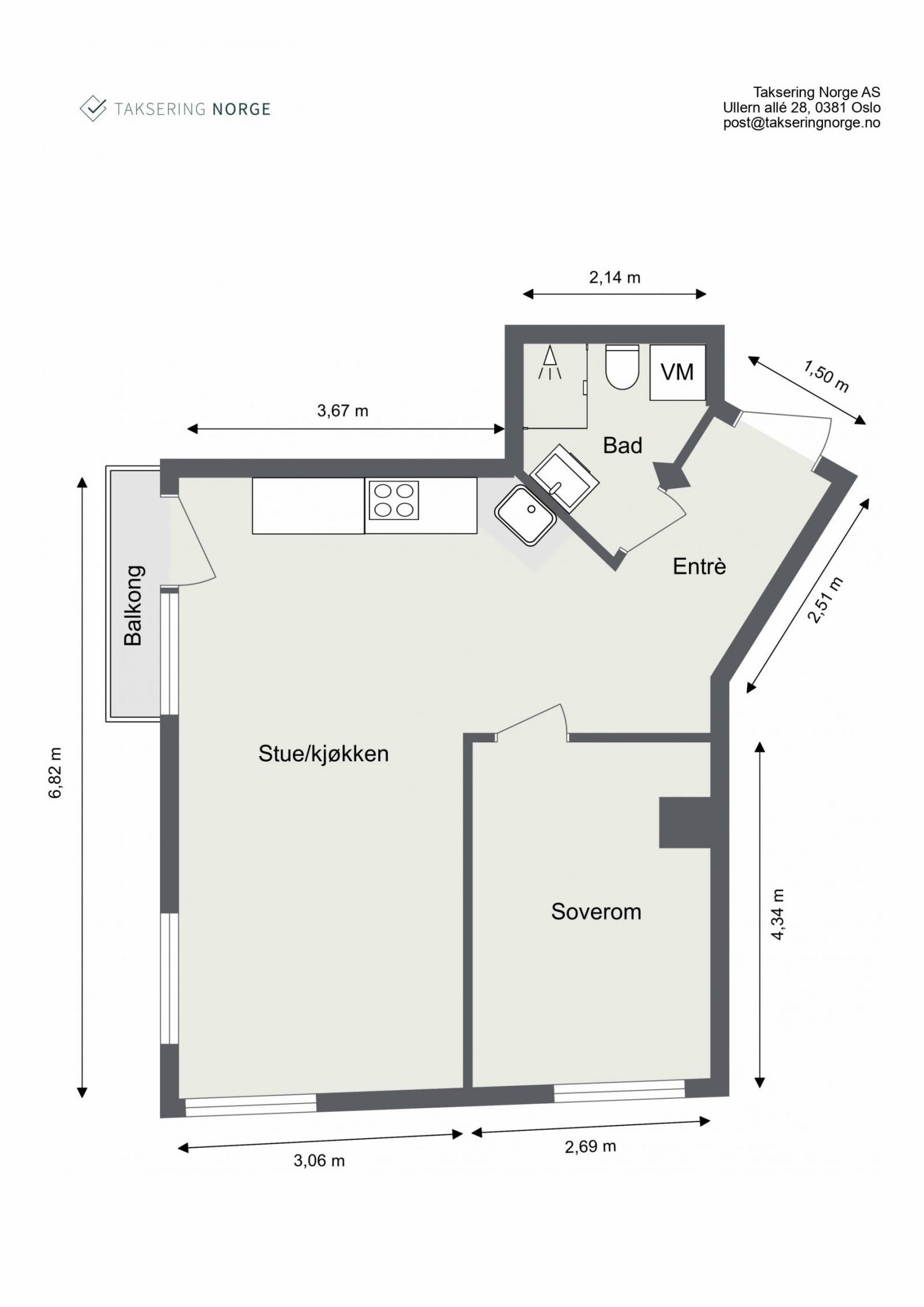 Planløsning femte etasje: Entré, bad/vaskerom, stue/kjøkken med utg. til luftebalkong og soverom. Galleribilde
