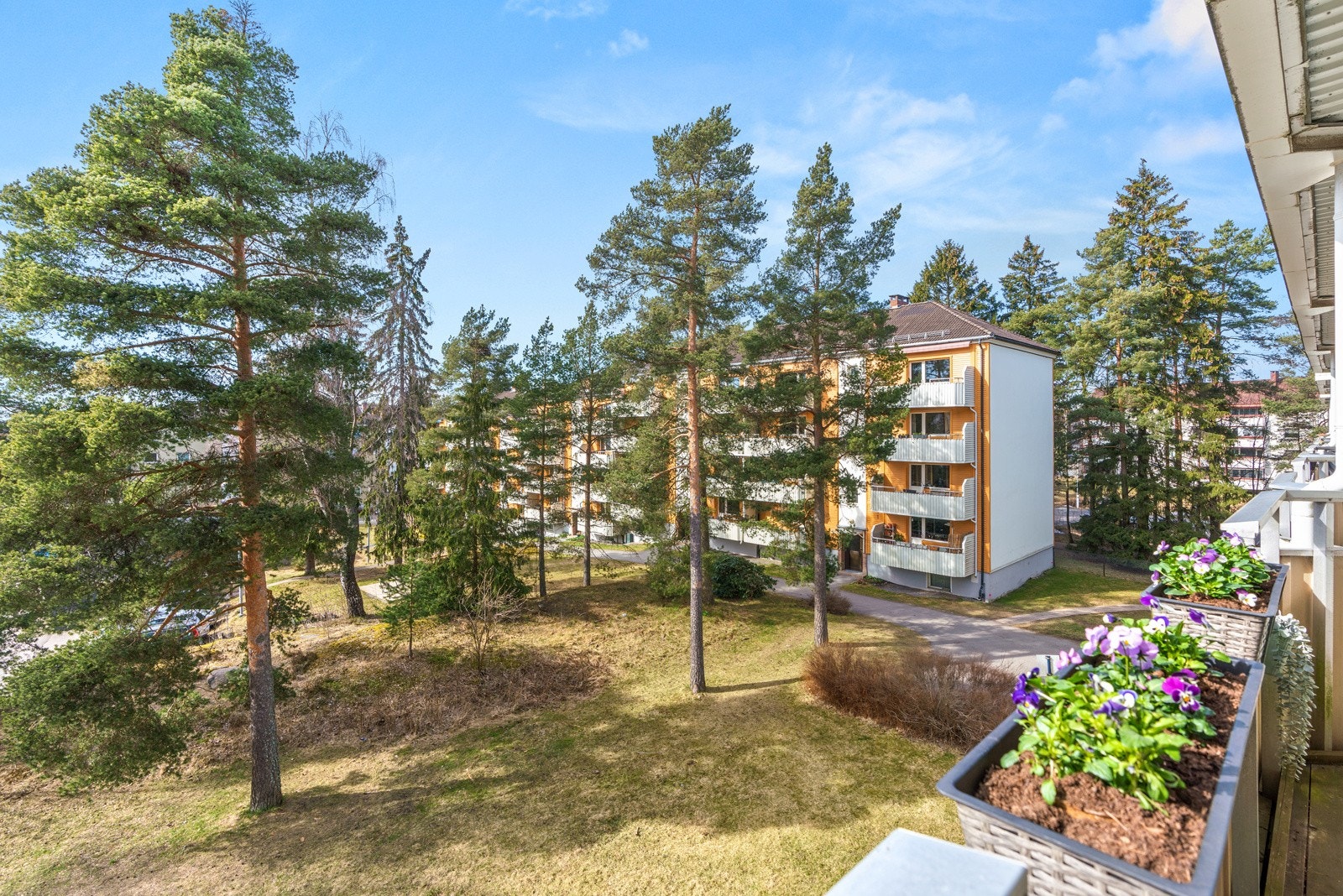 Her kan man nyte solfylte ettermiddager og utsikt mot borettslagets velstelte fellesarealer Galleribilde