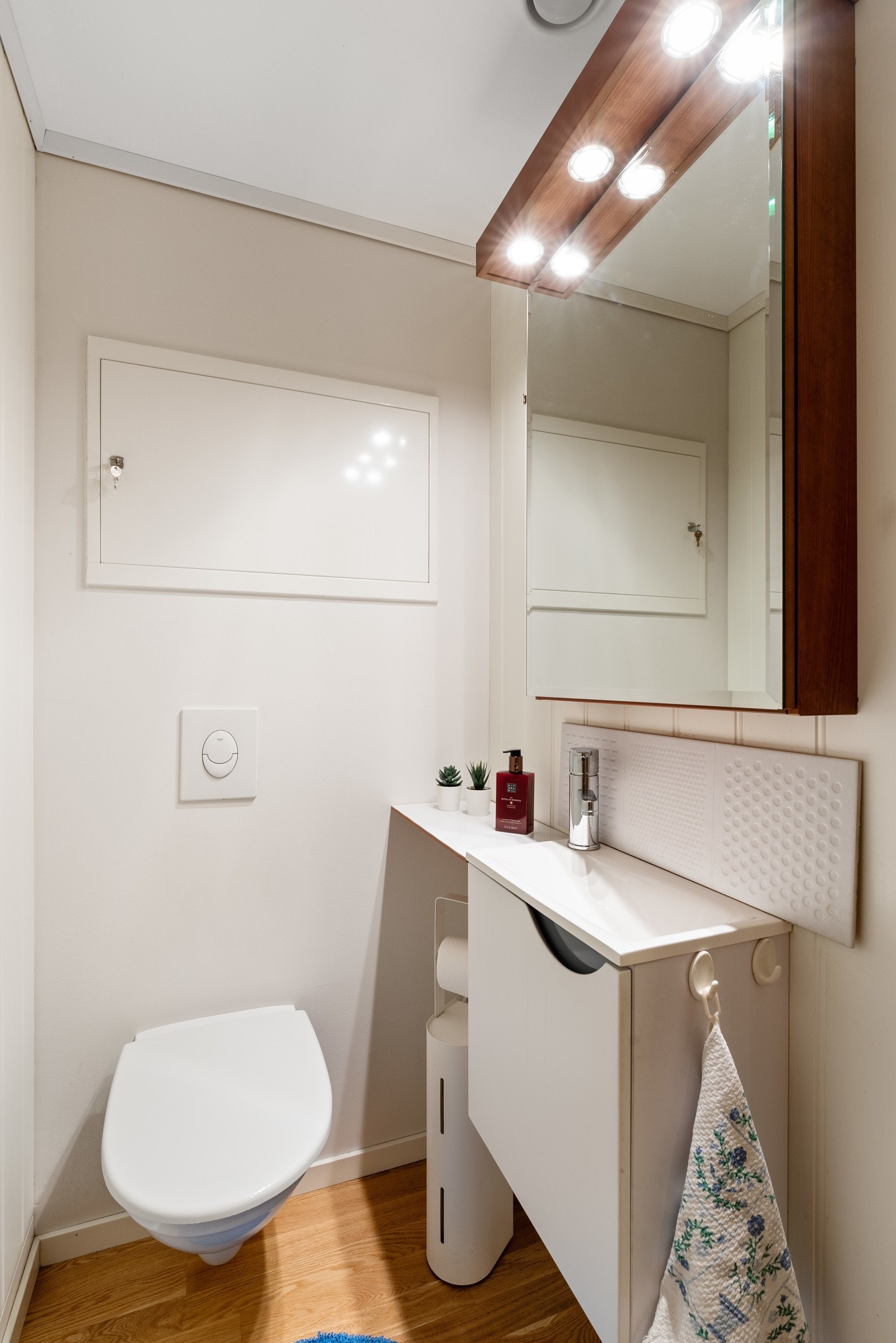 - Det er separat toalett innredet med vegghengt toalett, servant med møblement og speilskap. Her finner du fordelerskap for rør i rør - Galleribilde