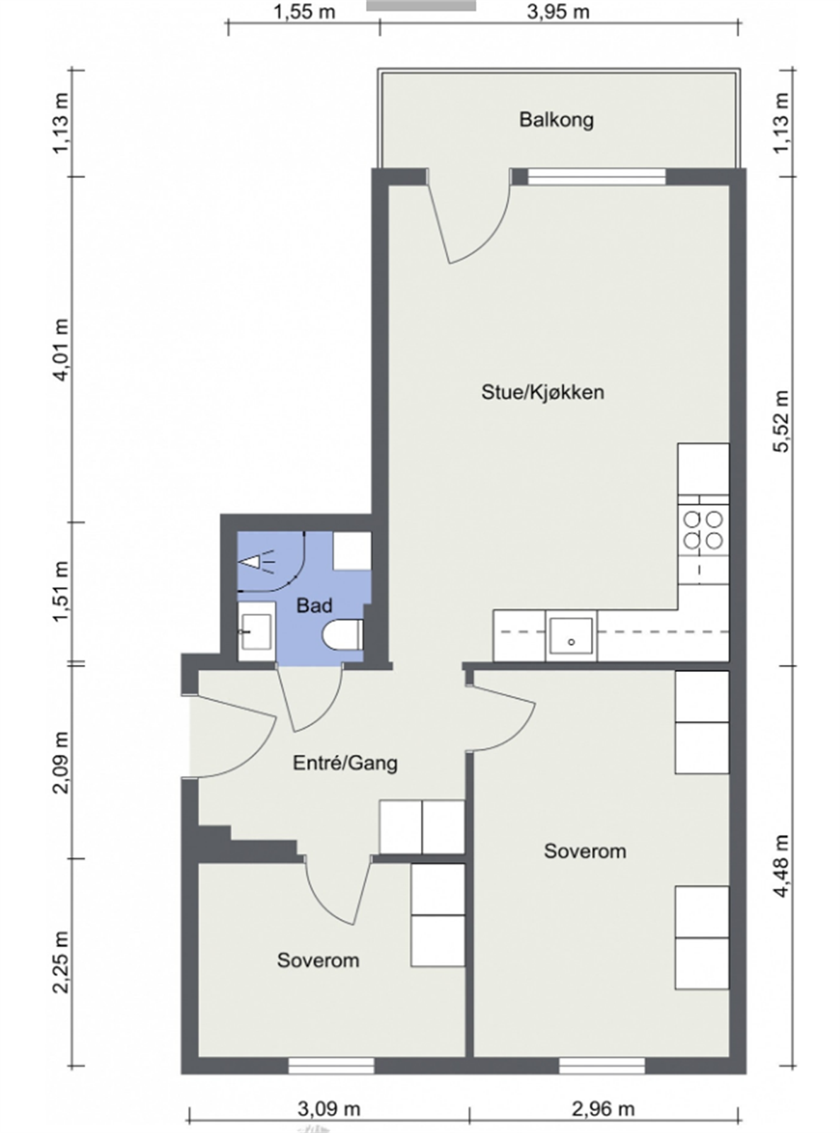 Planløsning fra annen leilighet i bygget. Her er kjøkken flyttet ut i stuen, og ekstra soverom etablert. Det er ikke undersøkt om dette er en lovlig løsning i denne boligen. Et slikt tiltak er eventuelt kjøpers risiko. Galleribilde