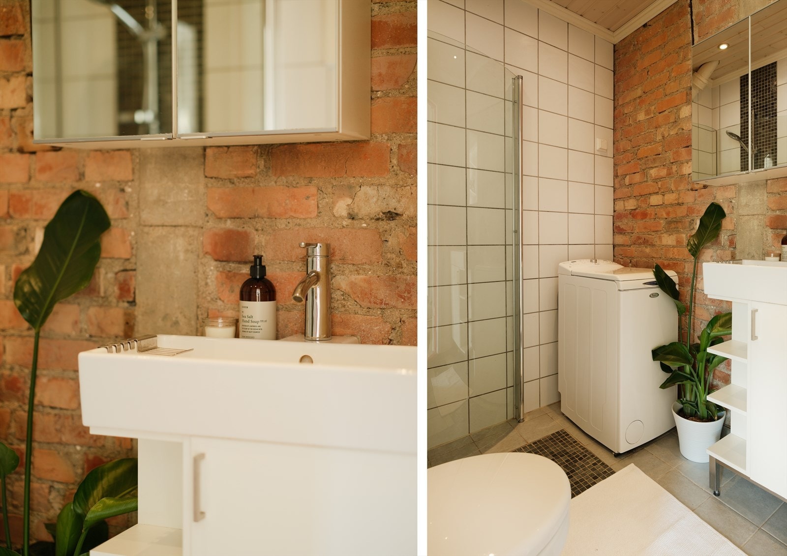 Synlig teglstein gir badet særpreg. God plass til oppbevaring i speil- og underskap. Galleribilde