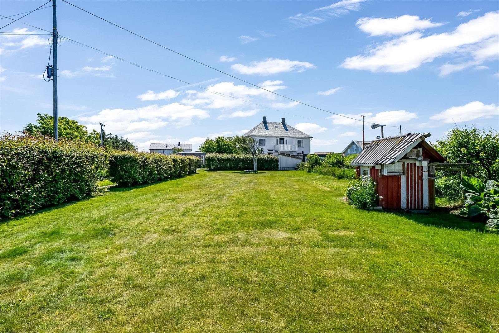 Plenlagt hage med et lite uthus. Galleribilde