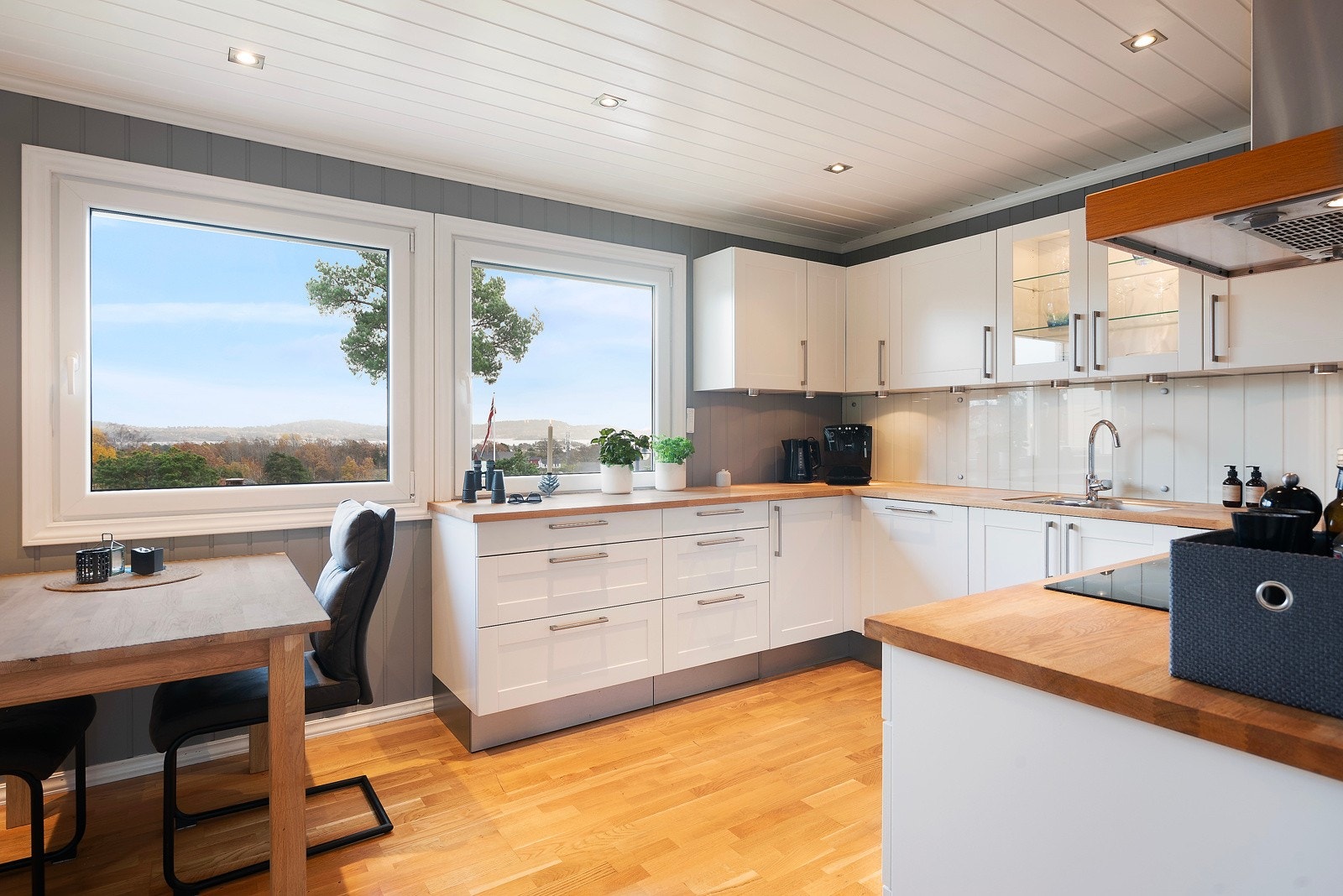 Store vinduer, godt lysinnslipp, downlights og en fantastisk utsikt fra kjøkkenvinduene Galleribilde