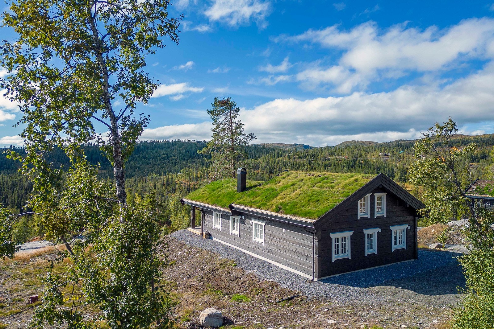 Det er parkeringsplasser rett ved hytteveggen. Galleribilde