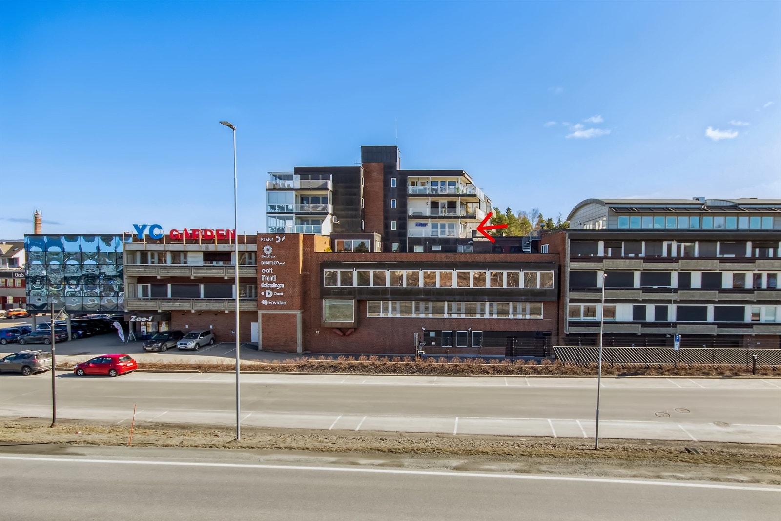 Pilen viser leilighetens beliggenhet i bygget Galleribilde